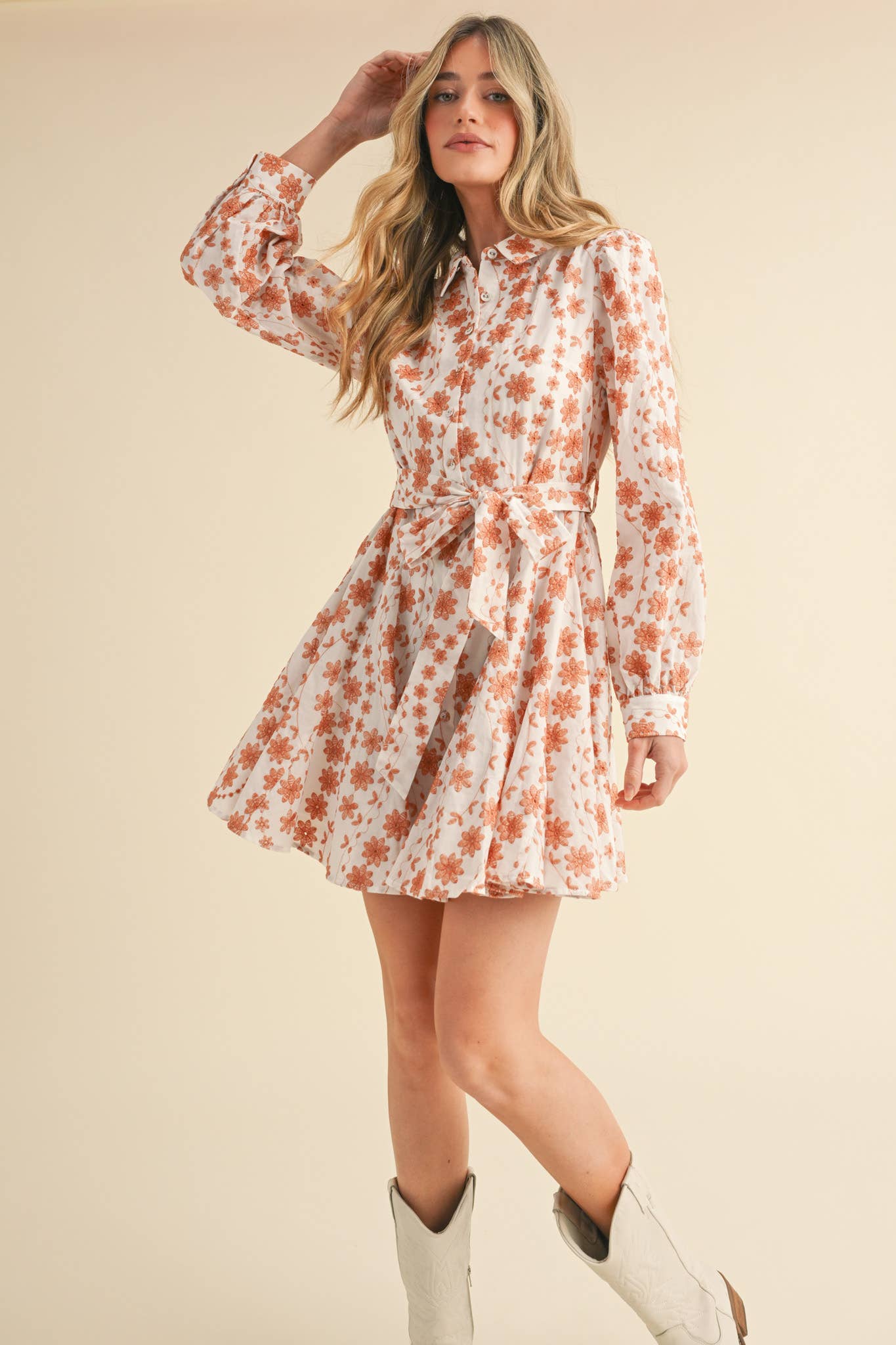 FLORAL EMBROIDERY BUTTON DOWN FLARED MINI DRESS MDR3427 - Suburban Boho