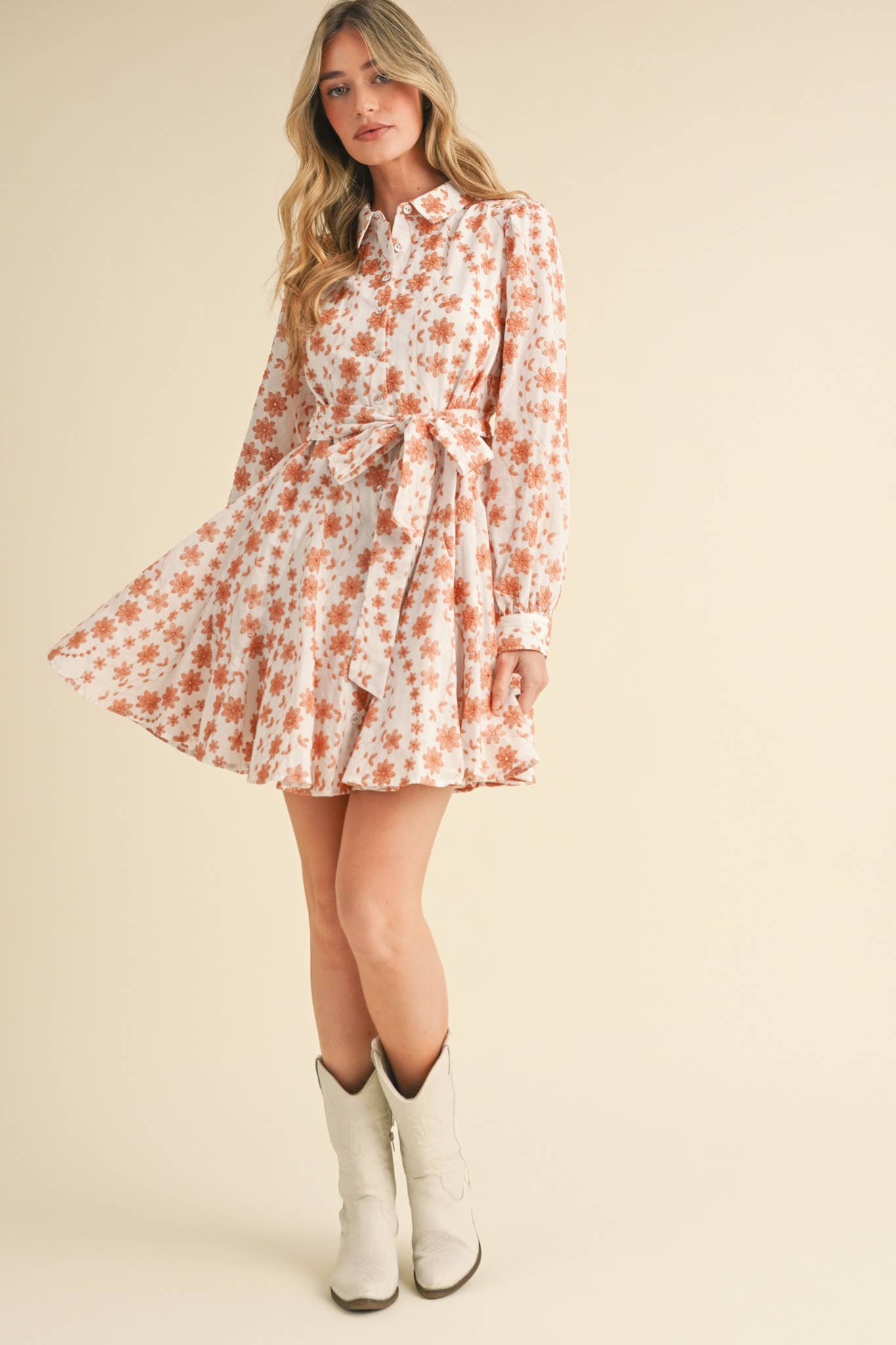 FLORAL EMBROIDERY BUTTON DOWN FLARED MINI DRESS MDR3427 - Suburban Boho