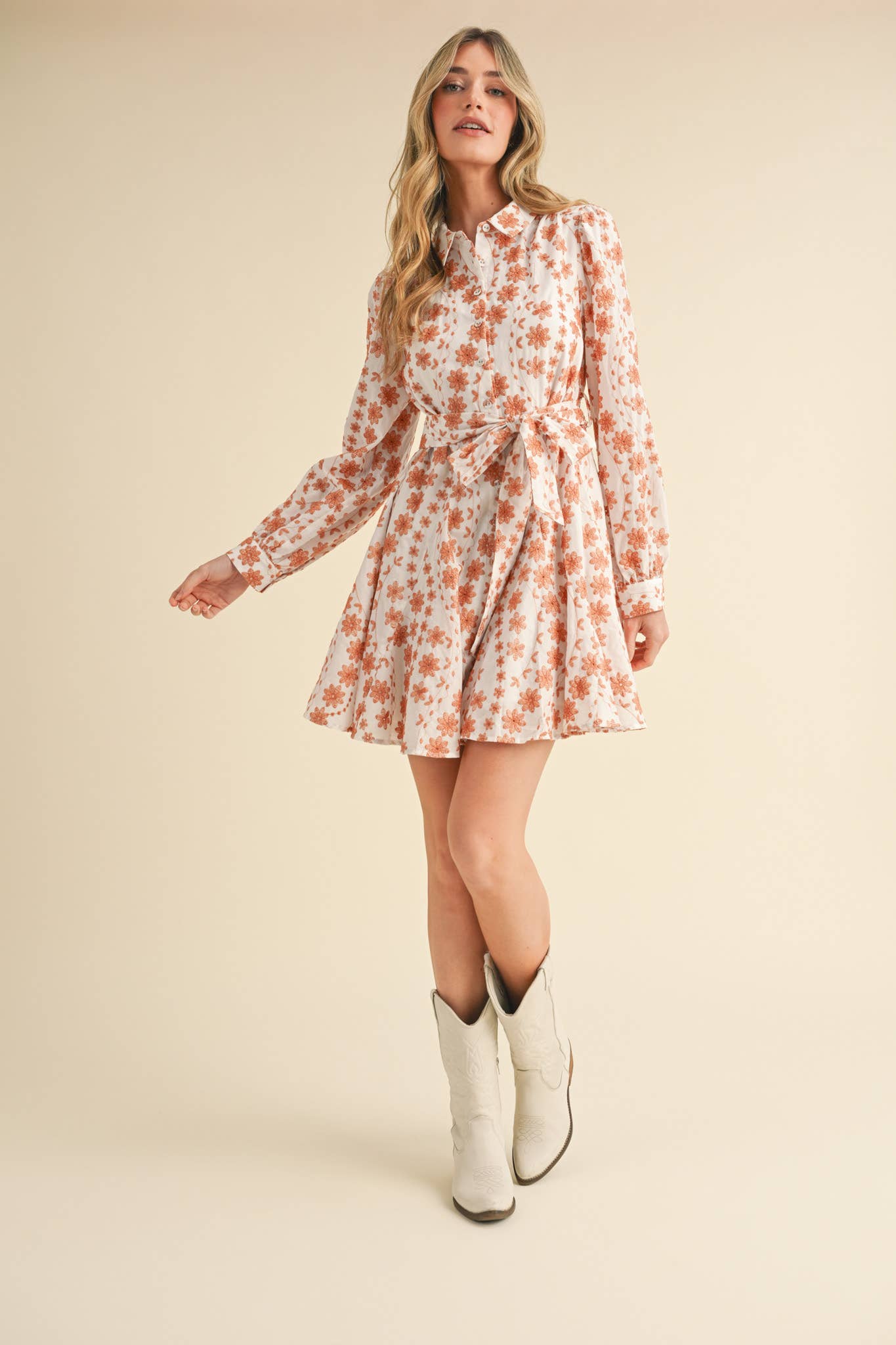 FLORAL EMBROIDERY BUTTON DOWN FLARED MINI DRESS MDR3427 - Suburban Boho