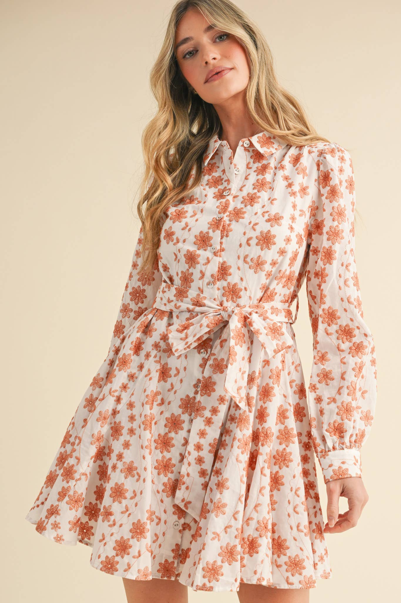 FLORAL EMBROIDERY BUTTON DOWN FLARED MINI DRESS MDR3427 - Suburban Boho