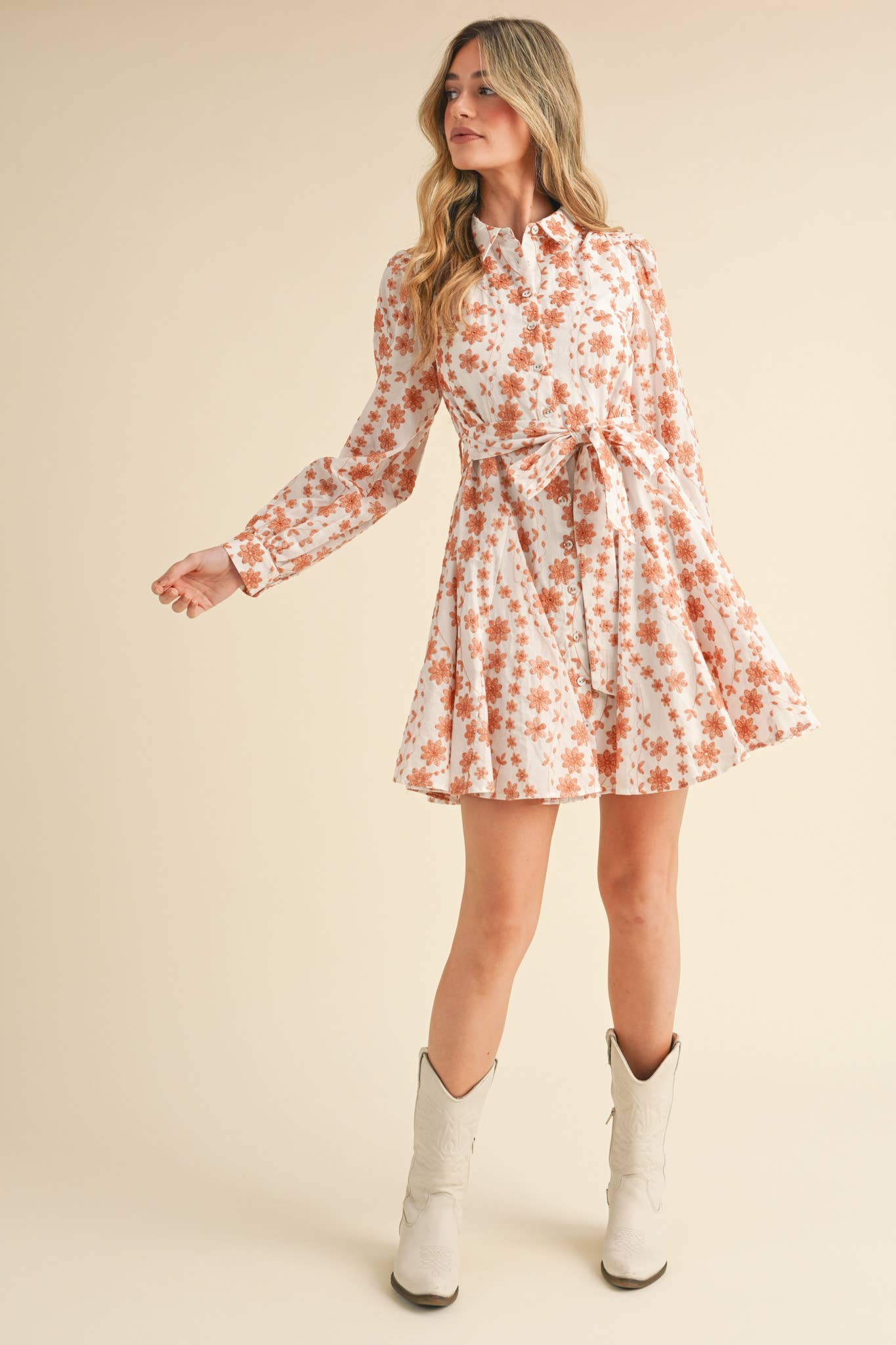 FLORAL EMBROIDERY BUTTON DOWN FLARED MINI DRESS MDR3427 - Suburban Boho