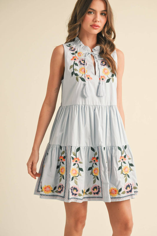 FLORAL EMBROIDERY TIERED MINI DRESS MDR3841 - Suburban Boho
