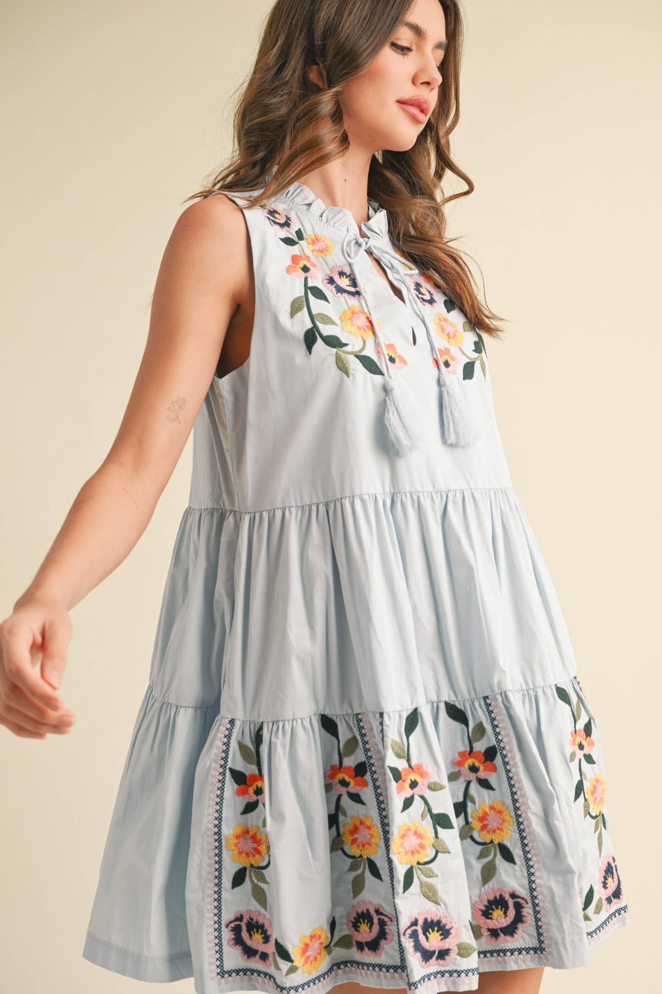 FLORAL EMBROIDERY TIERED MINI DRESS MDR3841 - Suburban Boho