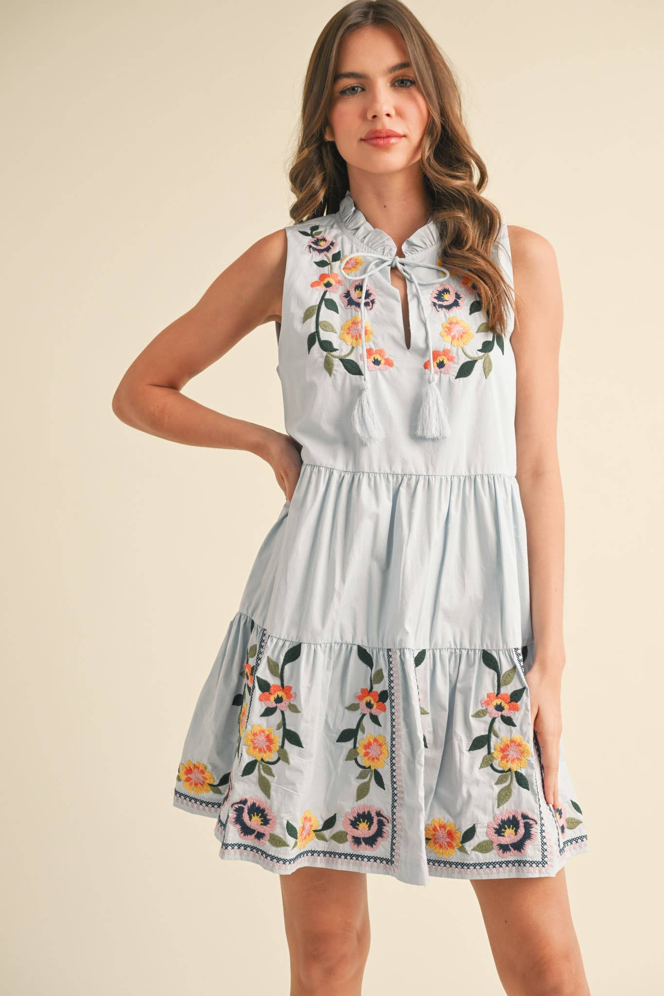 FLORAL EMBROIDERY TIERED MINI DRESS MDR3841 - Suburban Boho