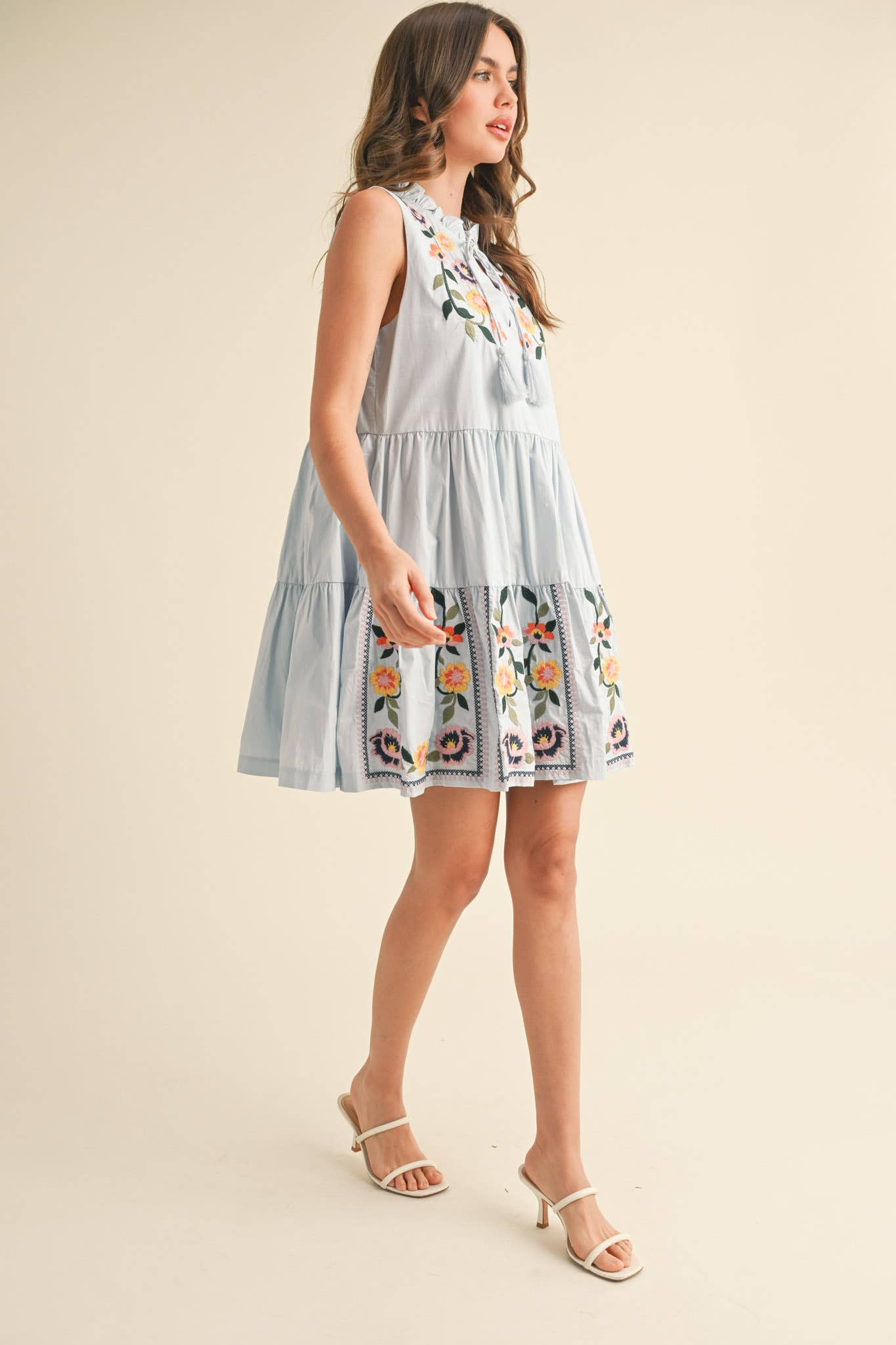FLORAL EMBROIDERY TIERED MINI DRESS MDR3841 - Suburban Boho