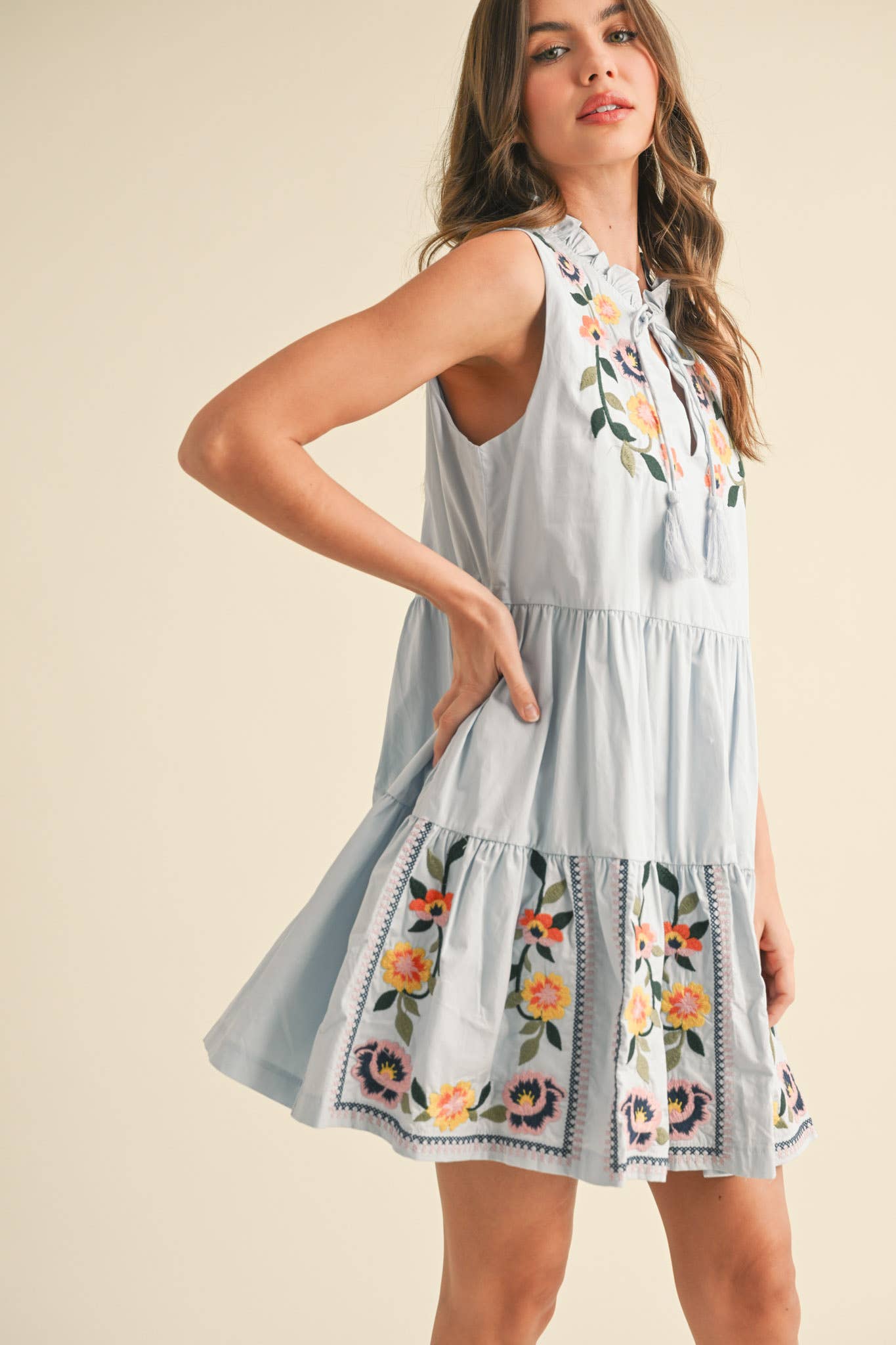 FLORAL EMBROIDERY TIERED MINI DRESS MDR3841 - Suburban Boho