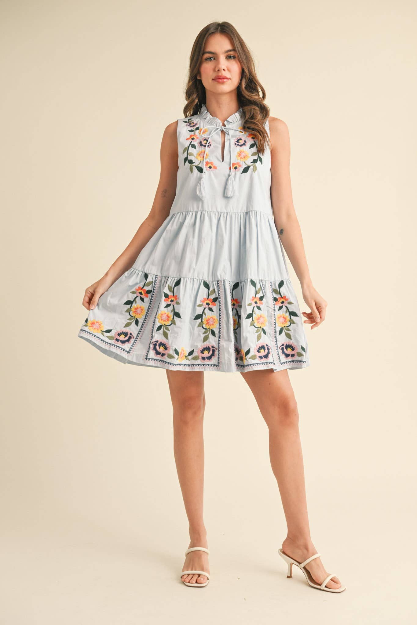 FLORAL EMBROIDERY TIERED MINI DRESS MDR3841 - Suburban Boho