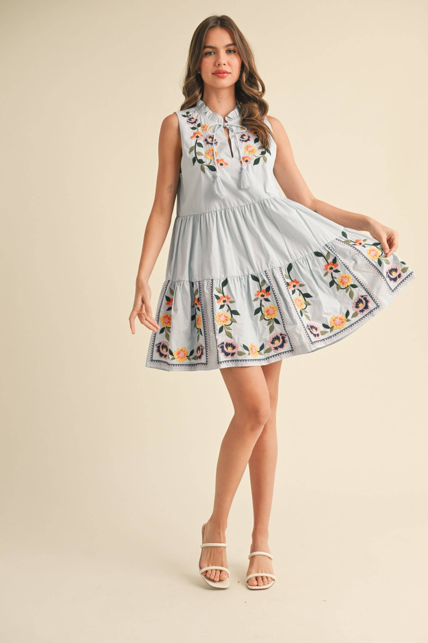 FLORAL EMBROIDERY TIERED MINI DRESS MDR3841 - Suburban Boho