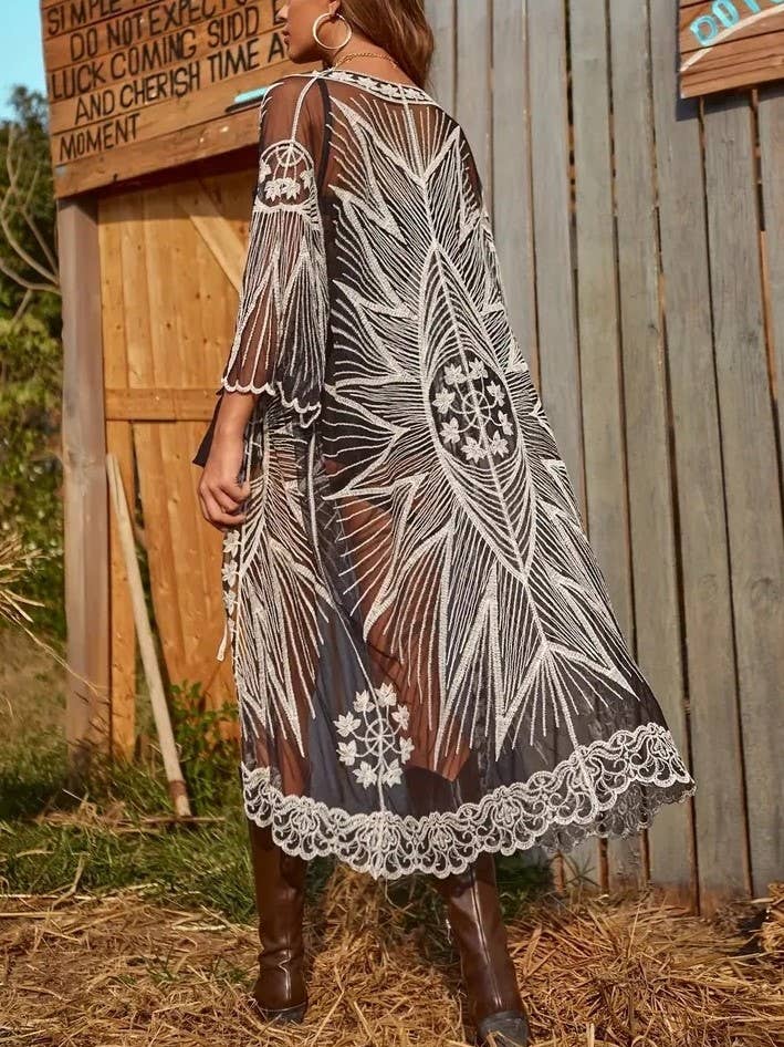 Floral Lace Trim Sheer Kimono Cover-Up - Suburban Boho