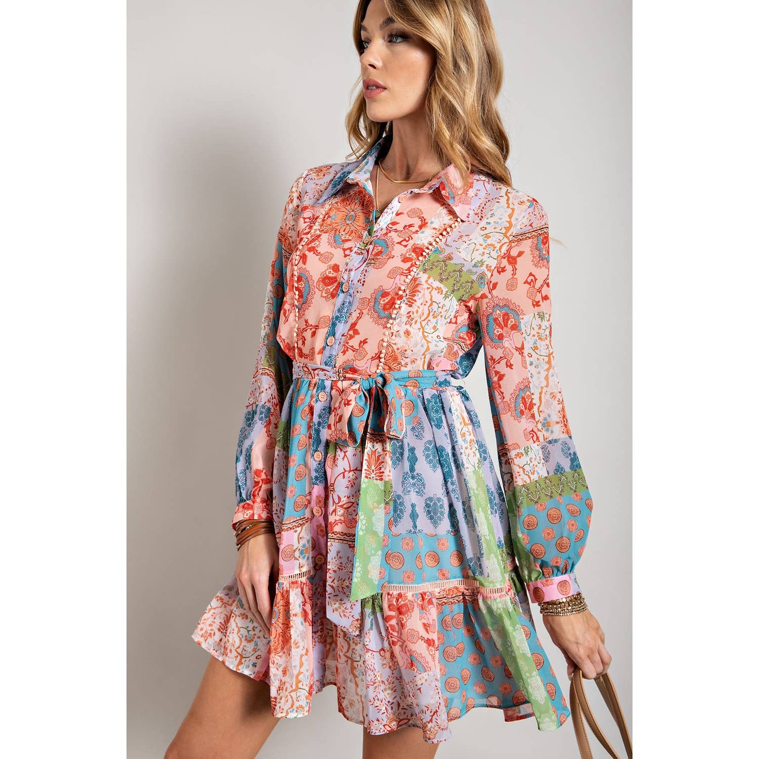 FLOWER POWER LONG SLEEVE SHIRT DRESS - Suburban Boho