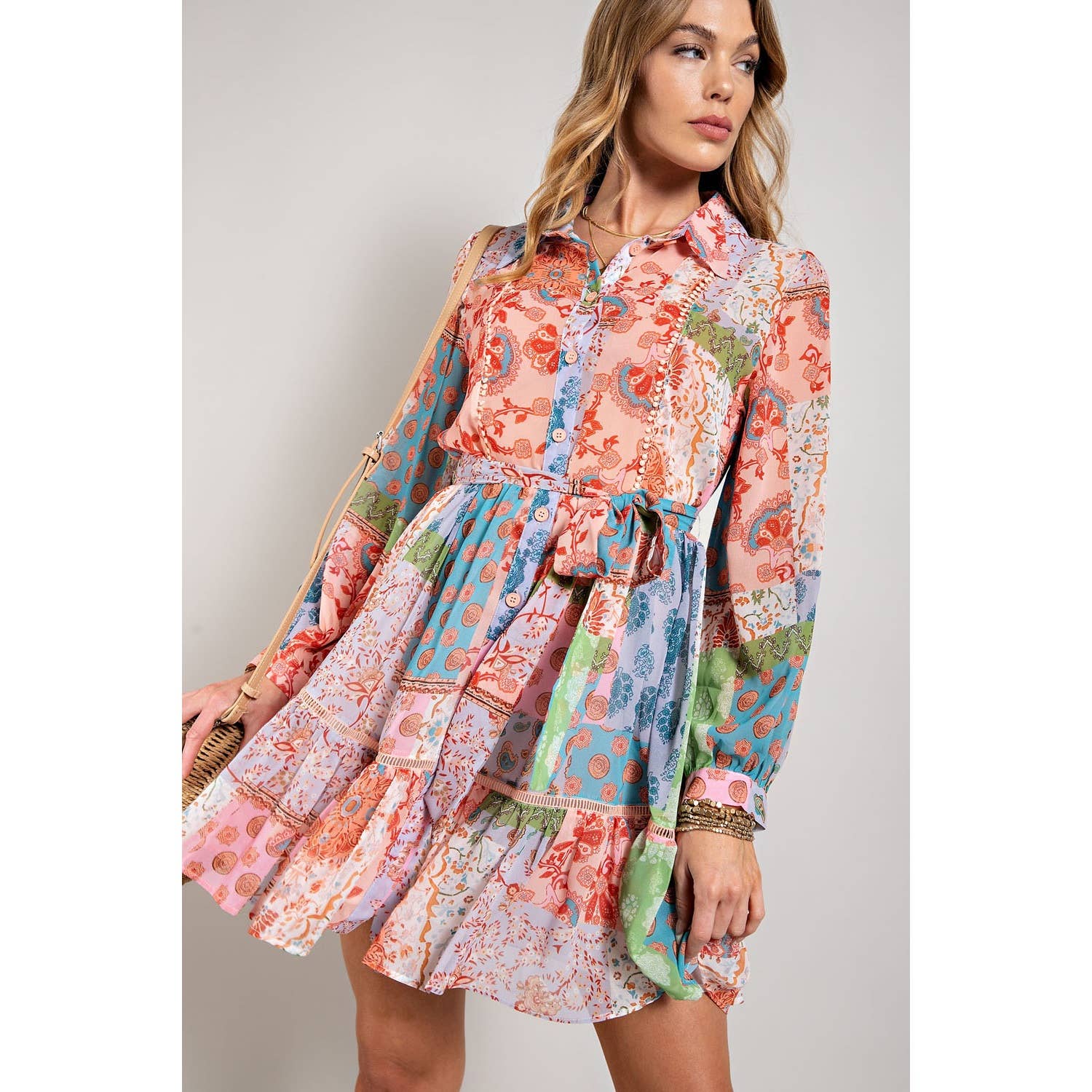 FLOWER POWER LONG SLEEVE SHIRT DRESS - Suburban Boho