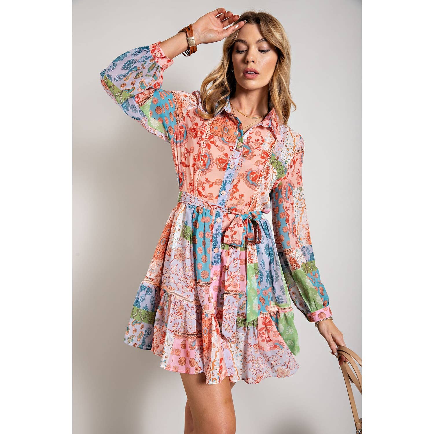 FLOWER POWER LONG SLEEVE SHIRT DRESS - Suburban Boho