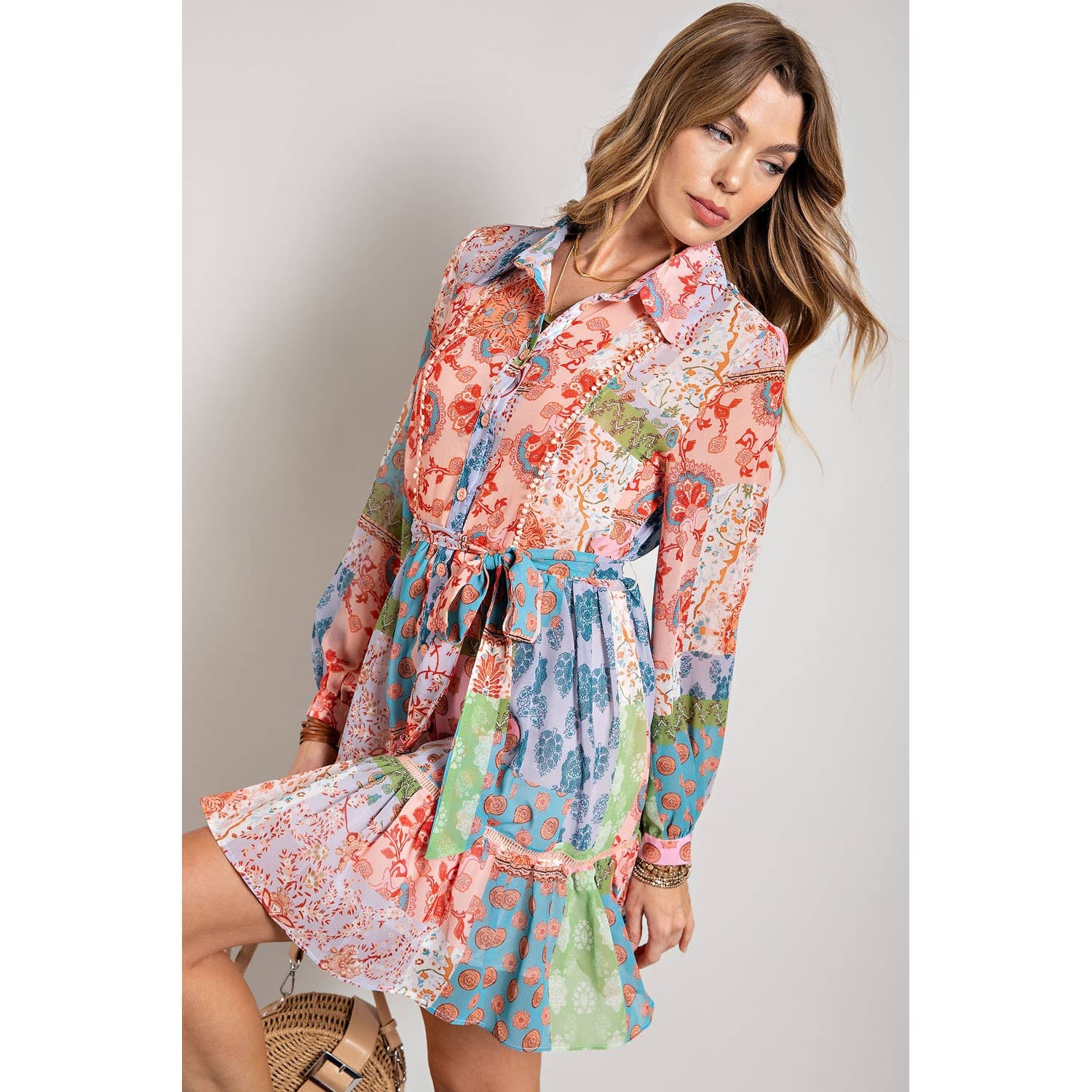 FLOWER POWER LONG SLEEVE SHIRT DRESS - Suburban Boho