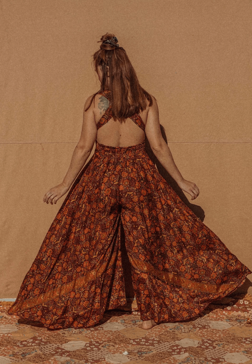 Hippie Bohemian Wide Leg Multi Way Silk Jumpsuit, XS & L/XL - Suburban Boho