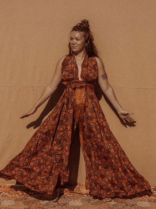 Hippie Bohemian Wide Leg Multi Way Silk Jumpsuit, XS & L/XL - Suburban Boho