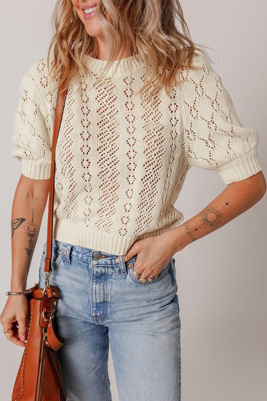 Hollowed Pattern Knit Short Puff Sleeve Sweater - Suburban Boho