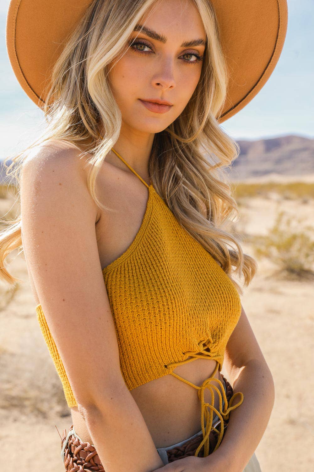 Lace - Up Halter Knit Bralette - Suburban Boho