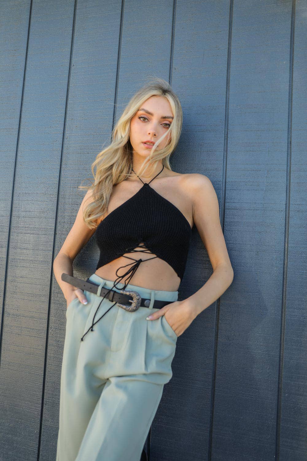 Lace - Up Halter Knit Bralette - Suburban Boho