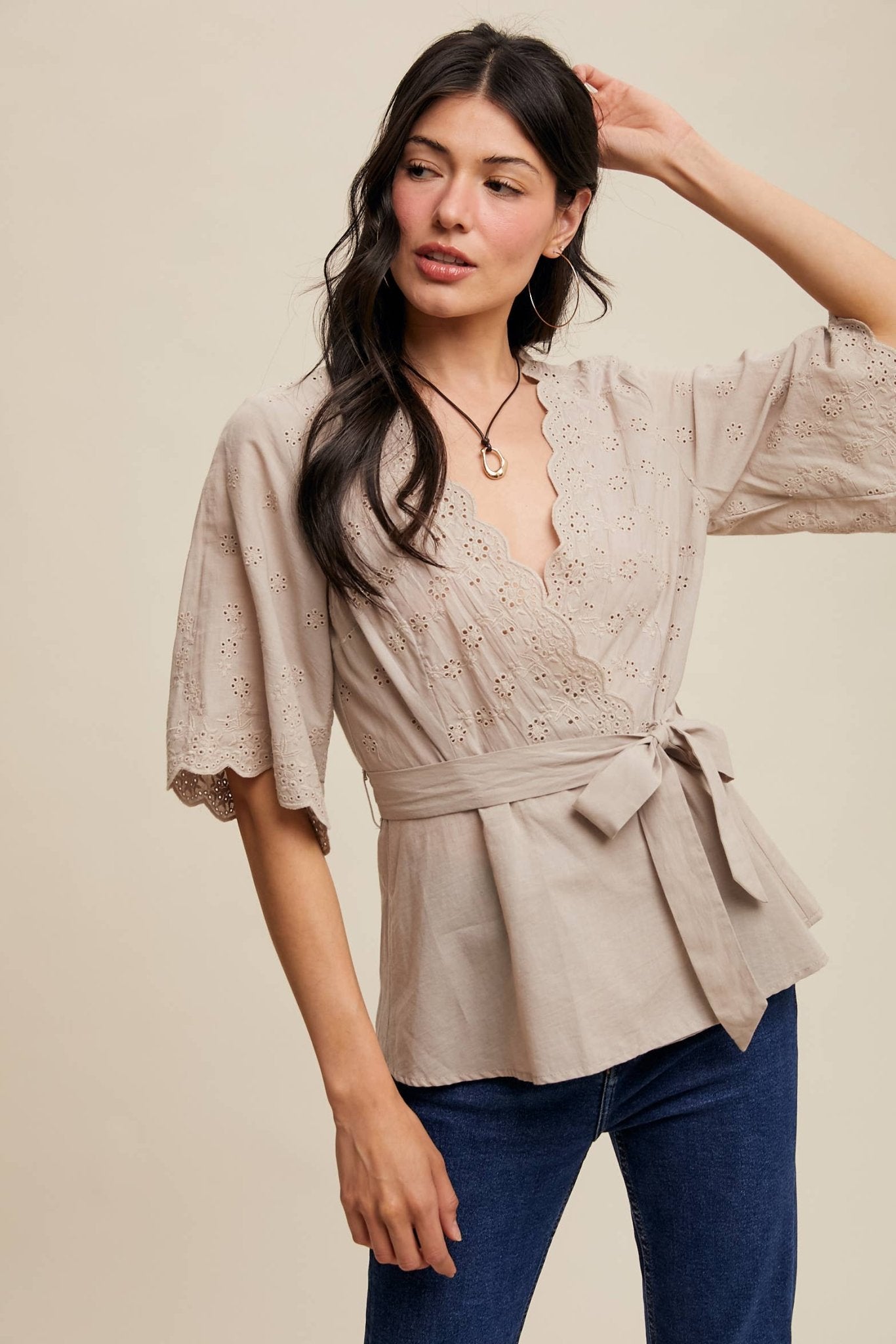 Listicle Eyelet Embroidered Wrap Blouse - Suburban Boho