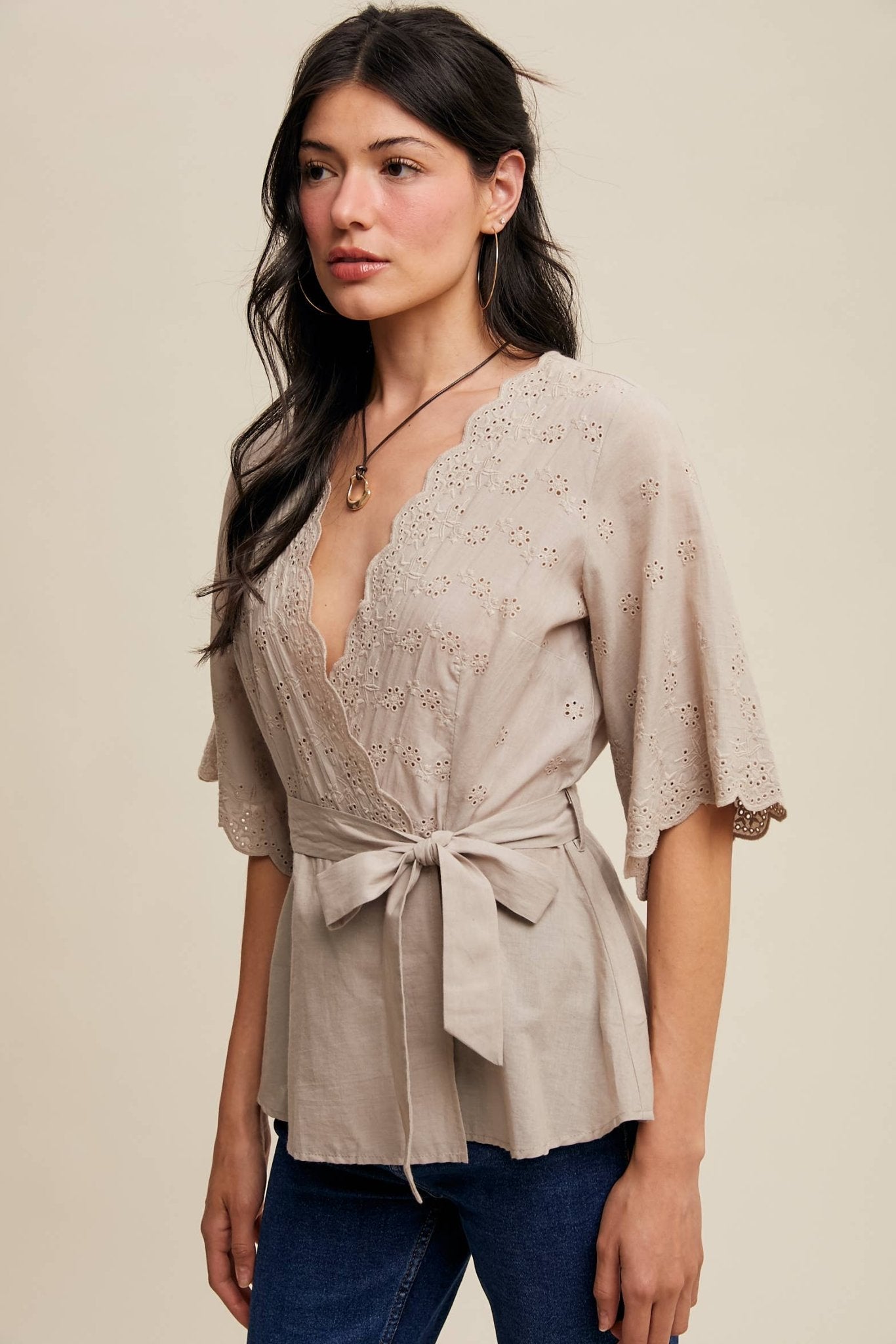 Listicle Eyelet Embroidered Wrap Blouse - Suburban Boho