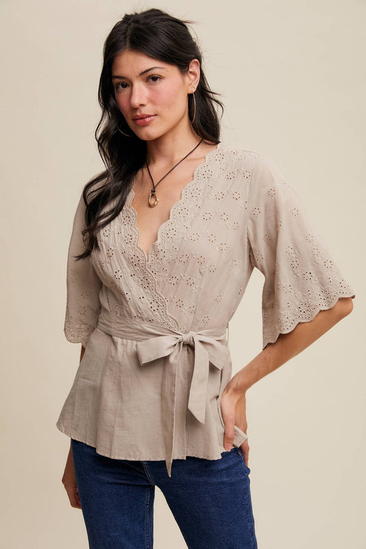 Listicle Eyelet Embroidered Wrap Blouse - Suburban Boho