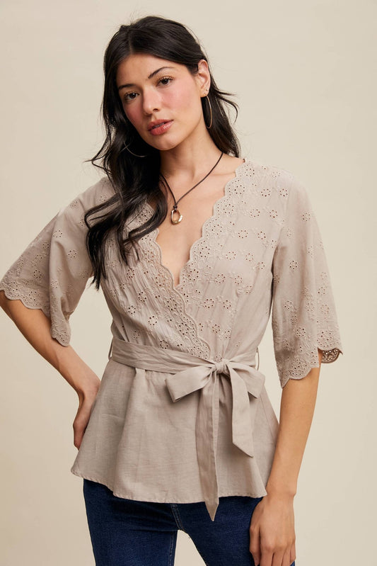 Listicle Eyelet Embroidered Wrap Blouse - Suburban Boho