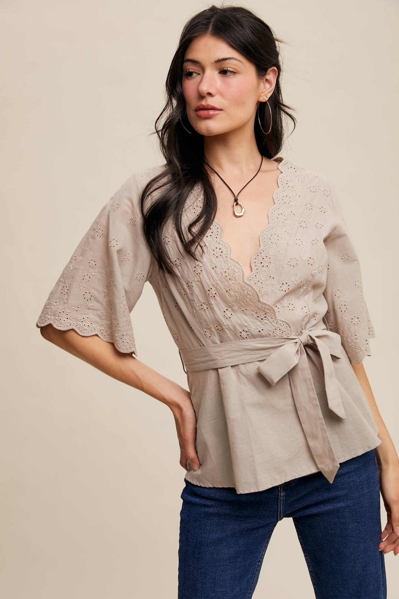 Listicle Eyelet Embroidered Wrap Blouse - Suburban Boho