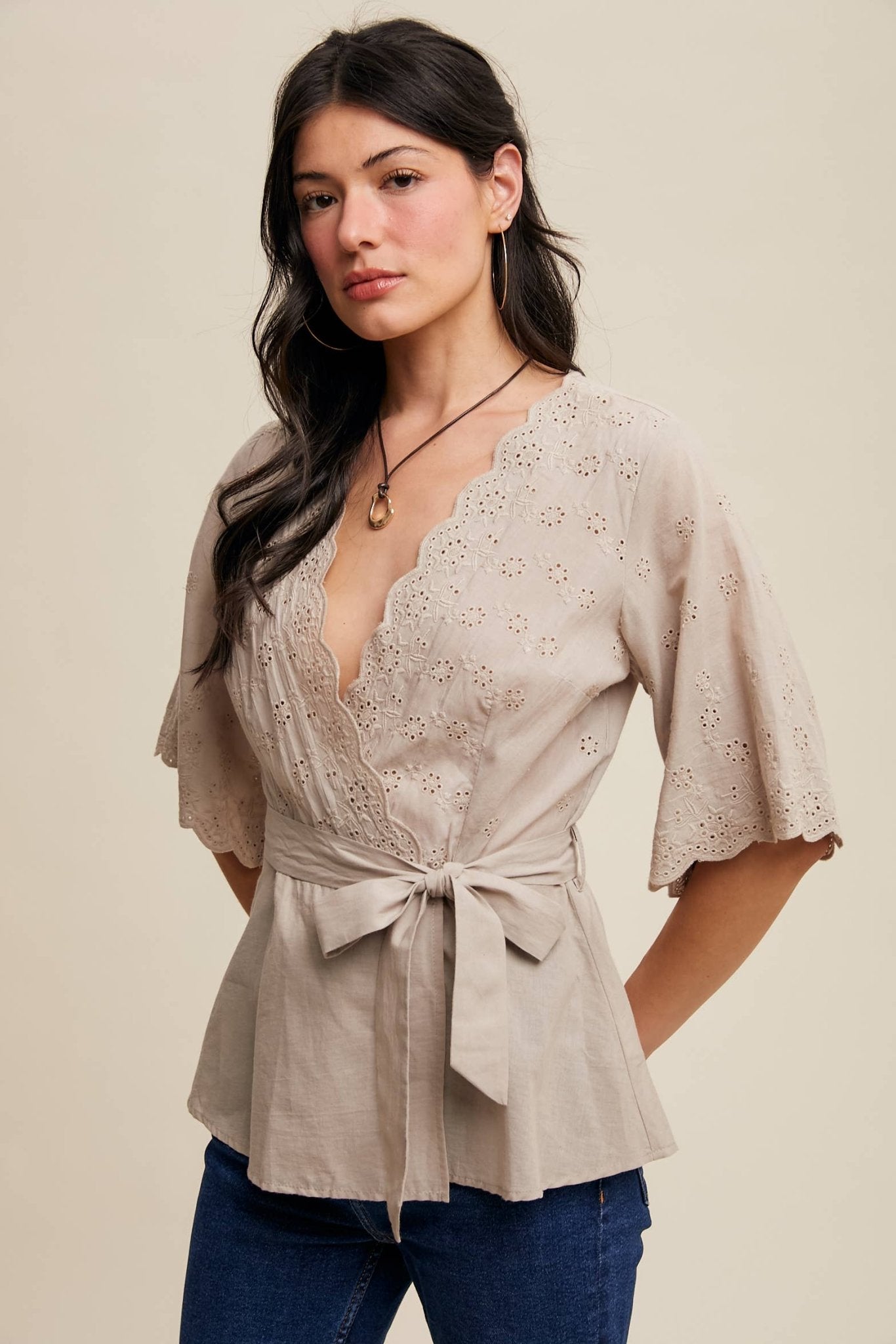 Listicle Eyelet Embroidered Wrap Blouse - Suburban Boho