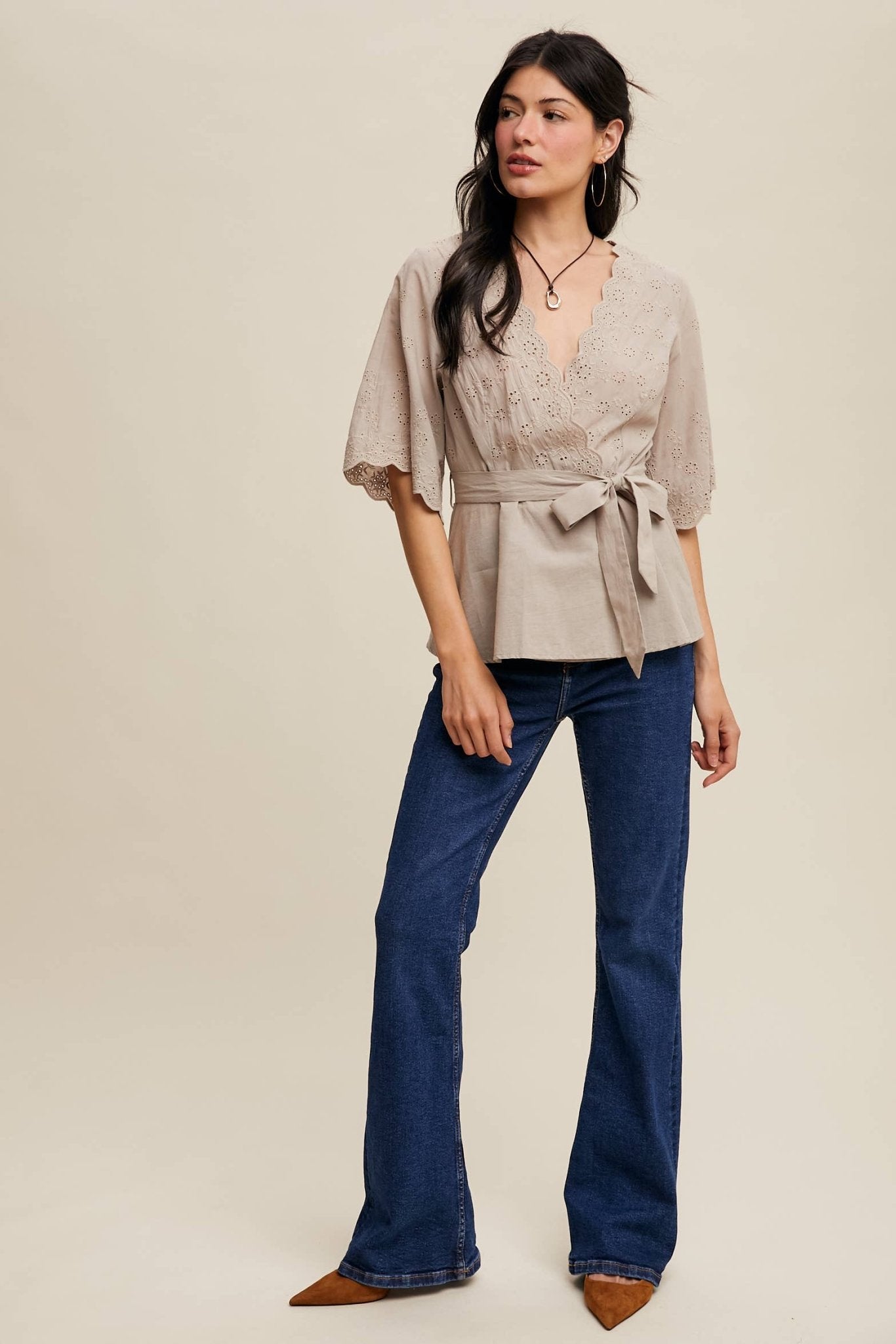 Listicle Eyelet Embroidered Wrap Blouse - Suburban Boho