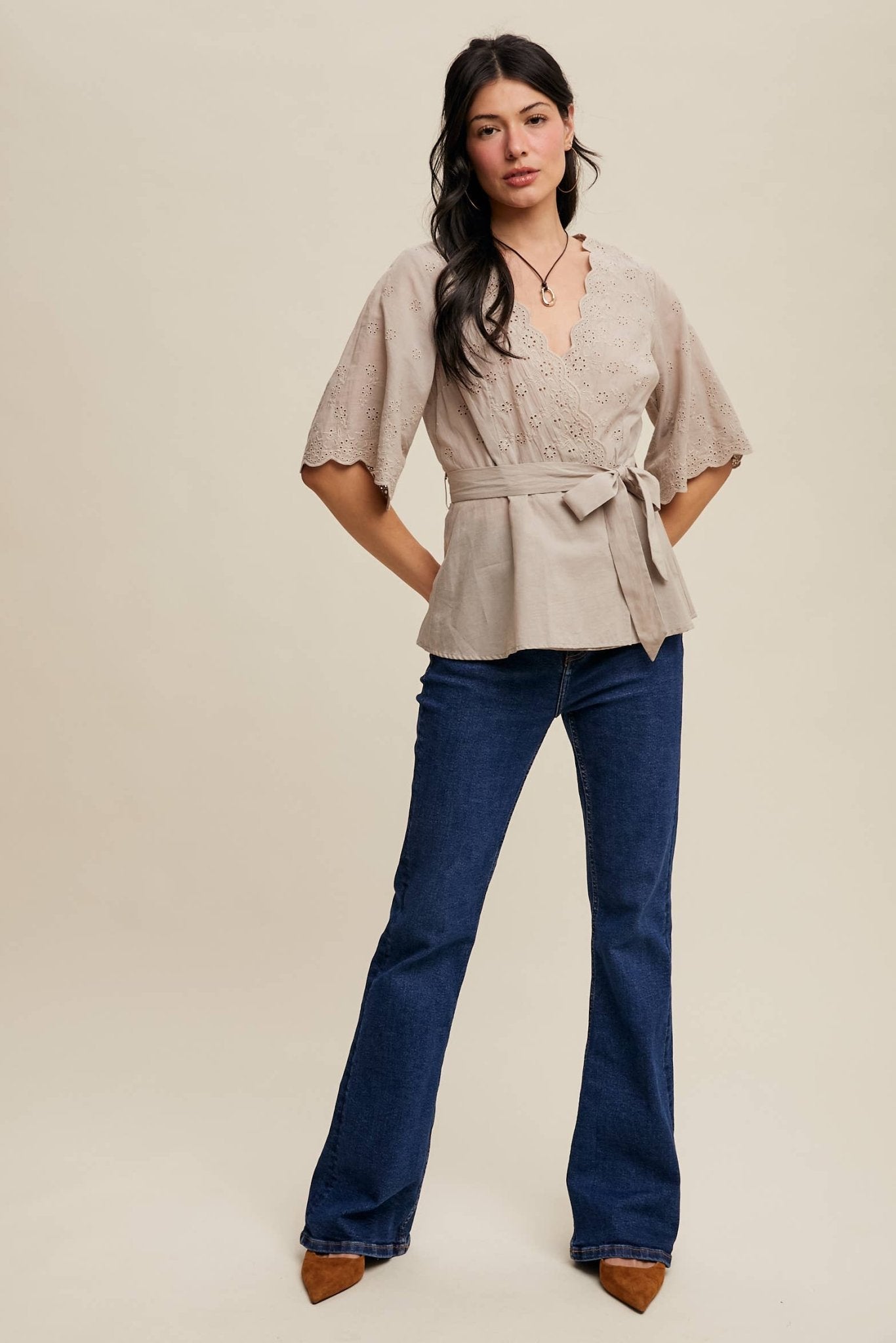 Listicle Eyelet Embroidered Wrap Blouse - Suburban Boho