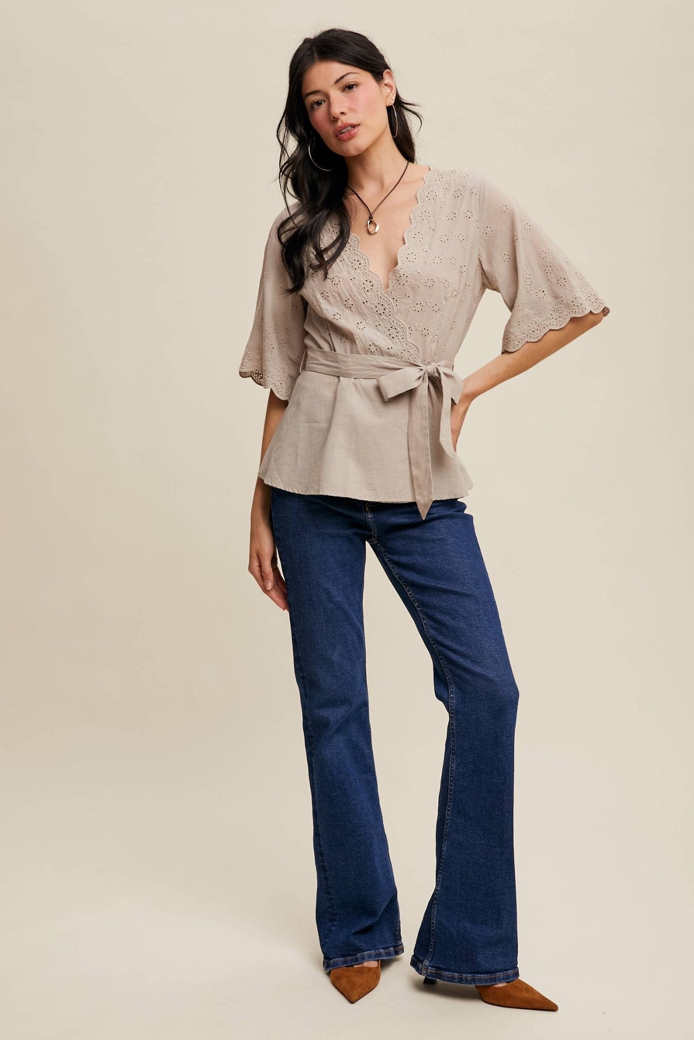 Listicle Eyelet Embroidered Wrap Blouse - Suburban Boho