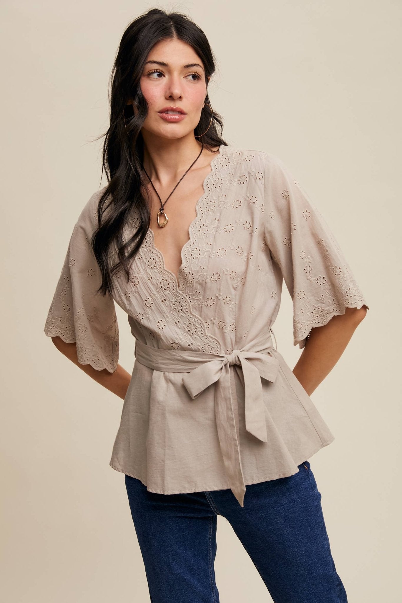 Listicle Eyelet Embroidered Wrap Blouse - Suburban Boho