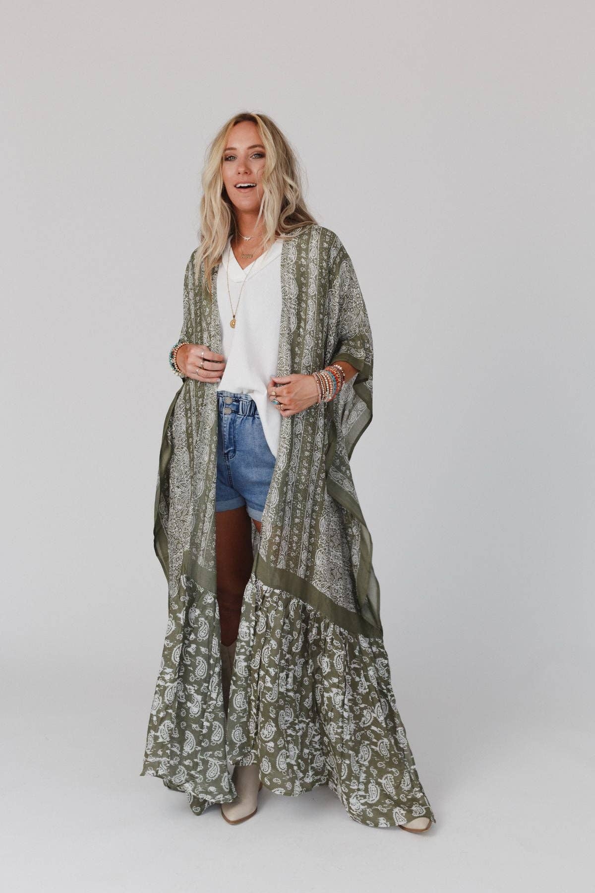 Paisley Tapestry Free Flow Duster Kimono - Olive - Suburban Boho