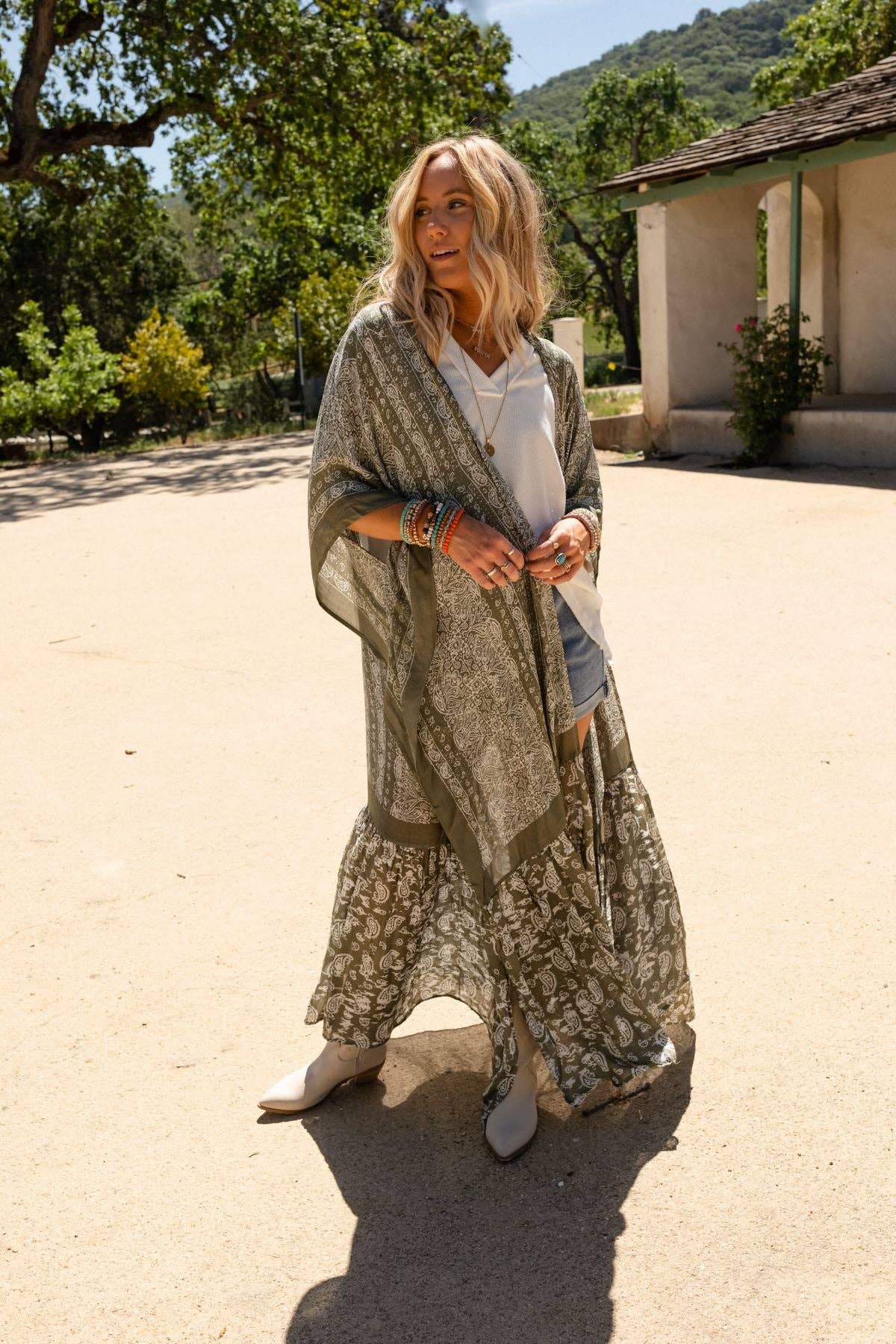 Paisley Tapestry Free Flow Duster Kimono - Olive - Suburban Boho
