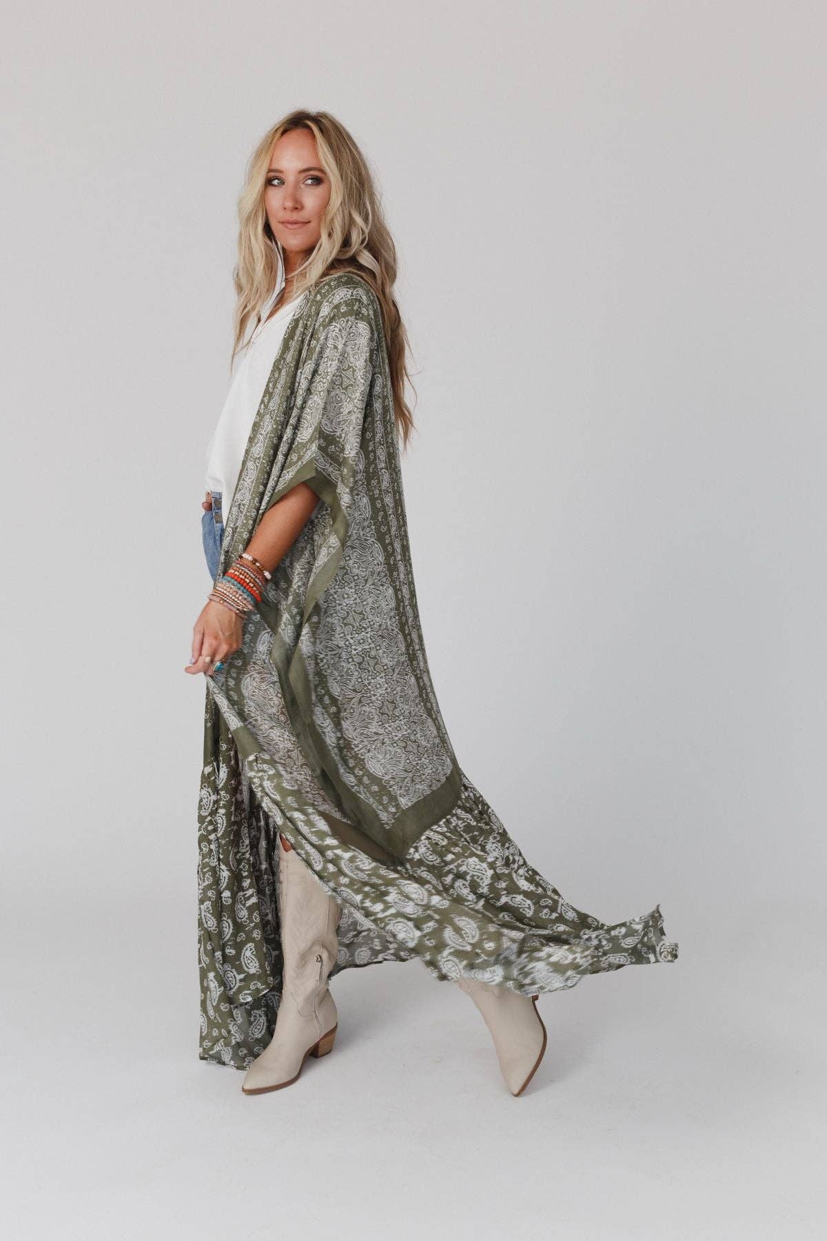 Paisley Tapestry Free Flow Duster Kimono - Olive - Suburban Boho