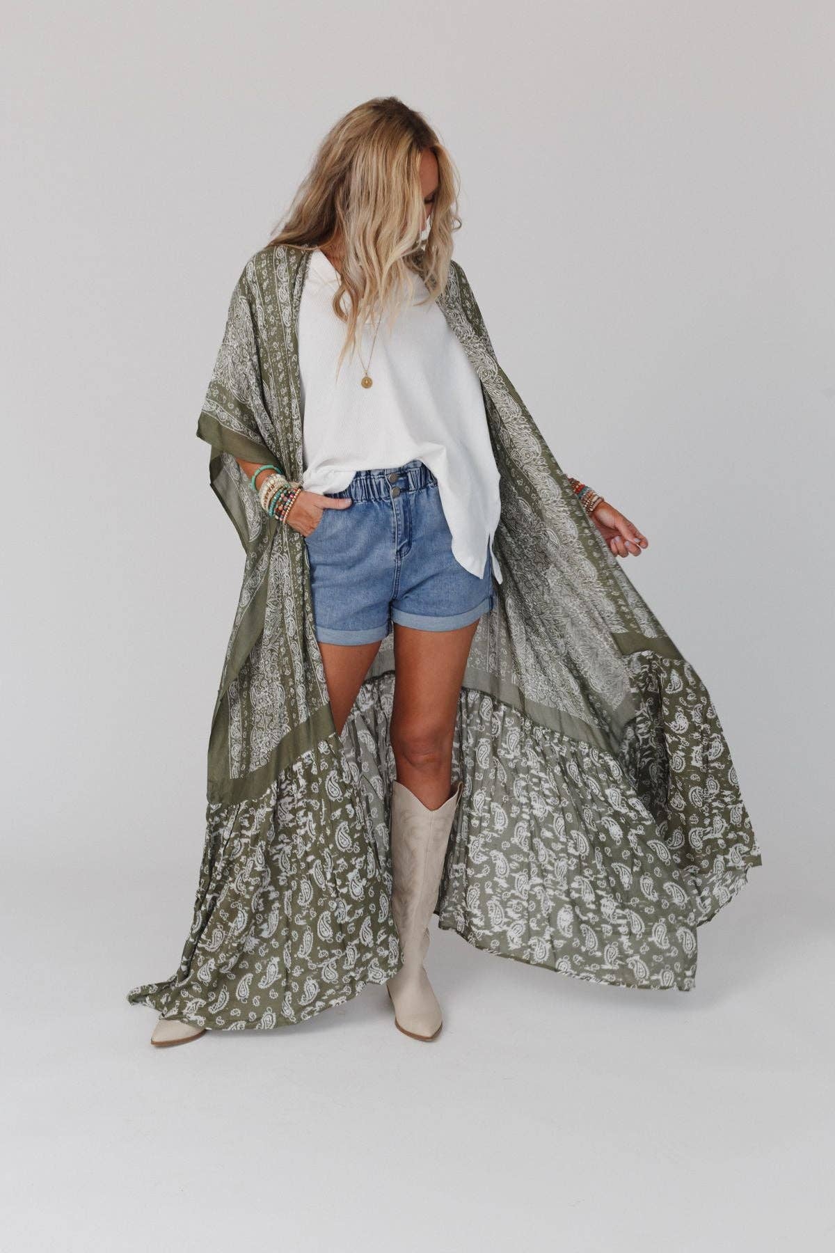 Paisley Tapestry Free Flow Duster Kimono - Olive - Suburban Boho