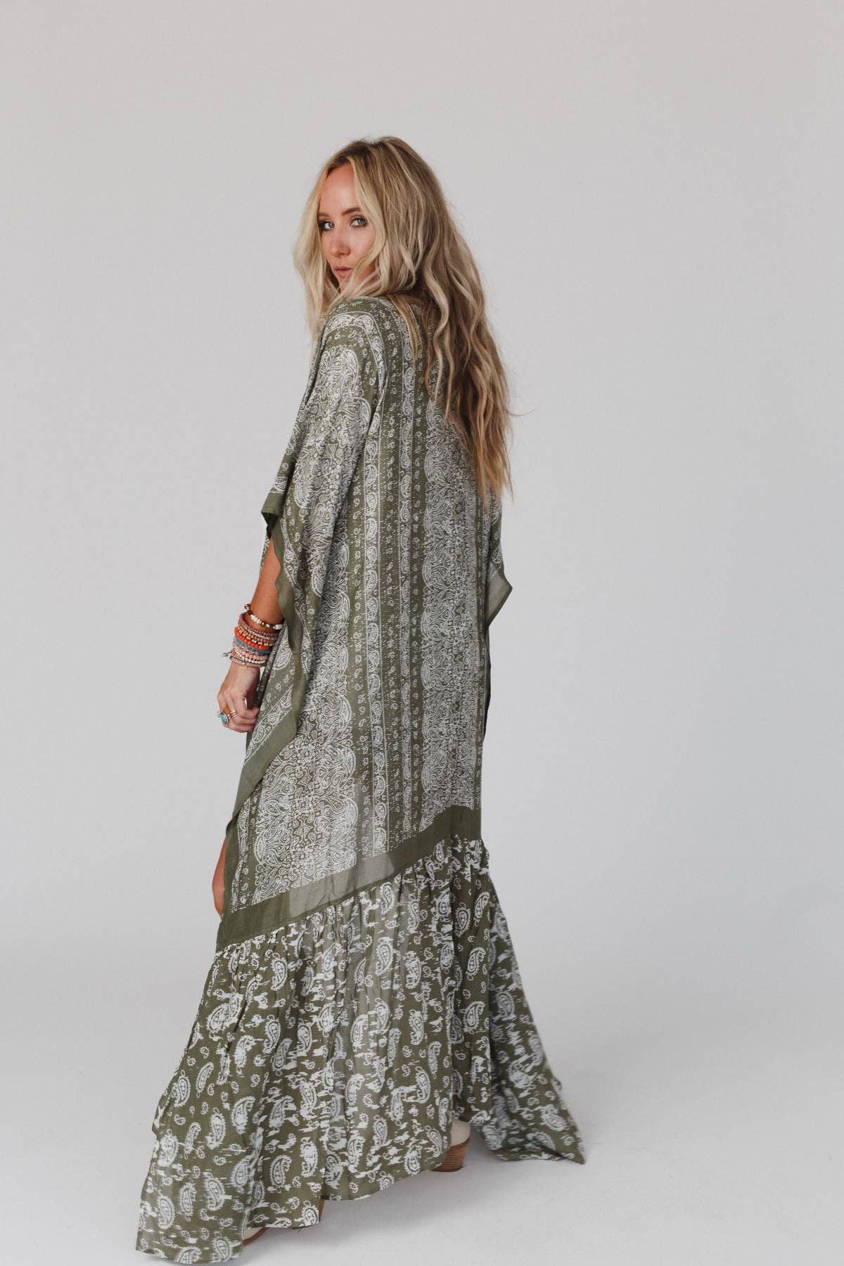 Paisley Tapestry Free Flow Duster Kimono - Olive - Suburban Boho