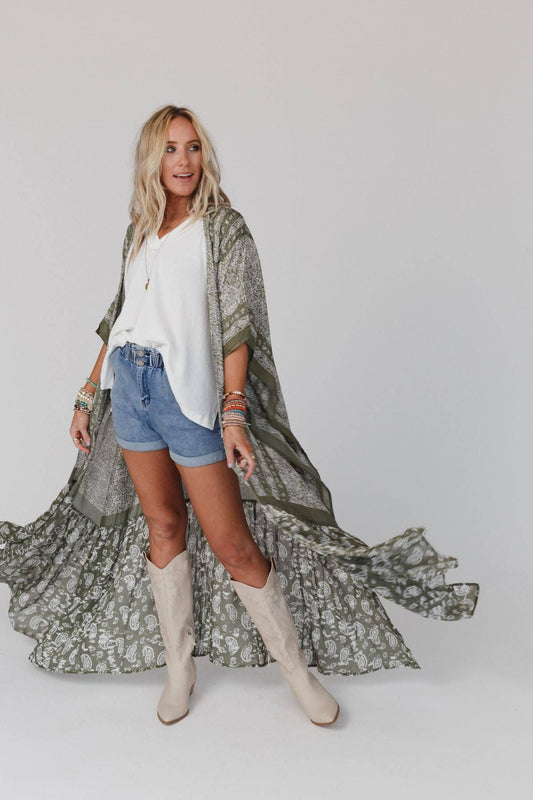 Paisley Tapestry Free Flow Duster Kimono - Olive - Suburban Boho