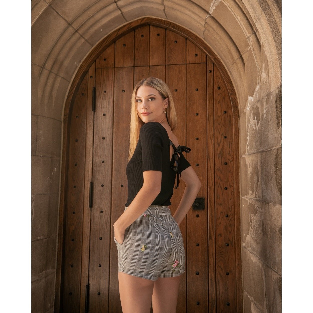 Plaid Shorts with Floral Embroidery - Suburban Boho