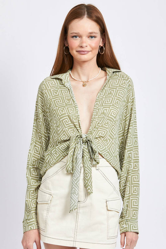 PRINTED TIE FRONT TOP - Suburban Boho