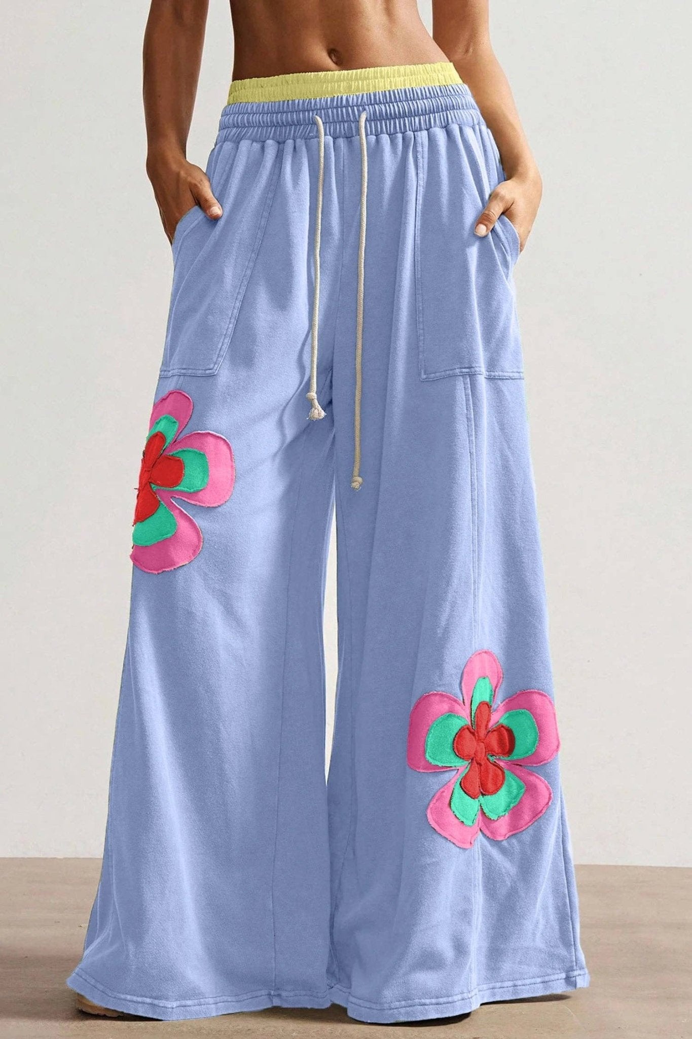 Sky Blue Color Block Flower Patchwork Drawstring Contrasted Elastic Waist Wide Leg Pants - Suburban Boho