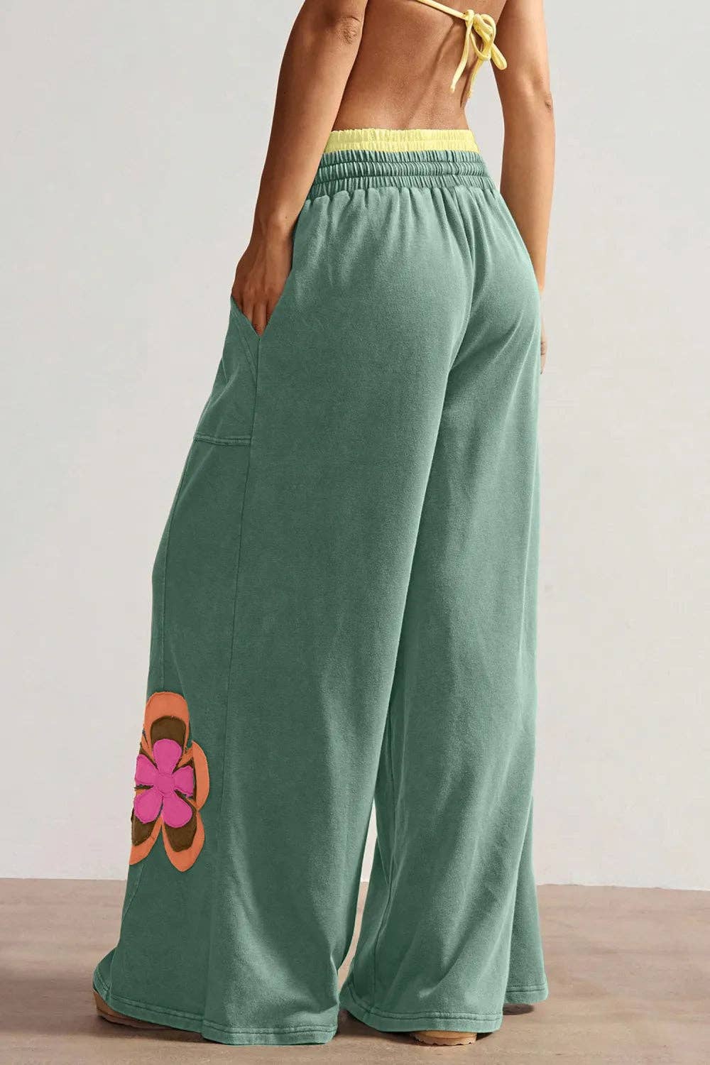 Sky Blue Color Block Flower Patchwork Drawstring Contrasted Elastic Waist Wide Leg Pants - Suburban Boho