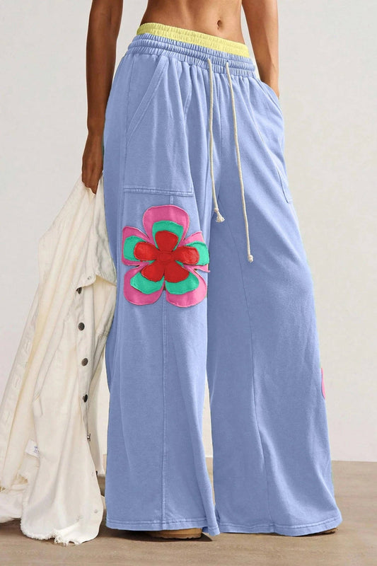 Sky Blue Color Block Flower Patchwork Drawstring Contrasted Elastic Waist Wide Leg Pants - Suburban Boho