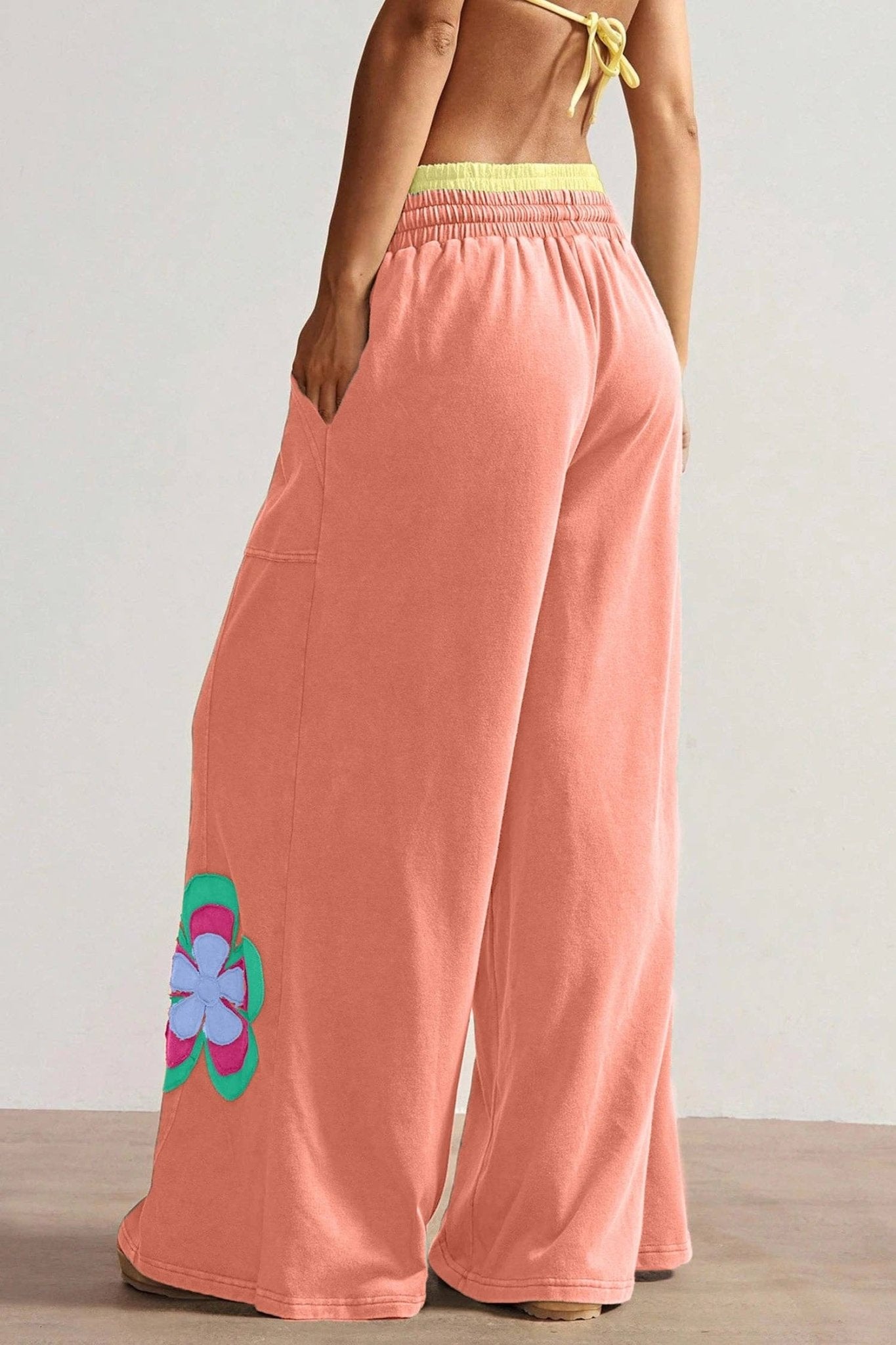 Sky Blue Color Block Flower Patchwork Drawstring Contrasted Elastic Waist Wide Leg Pants - Suburban Boho