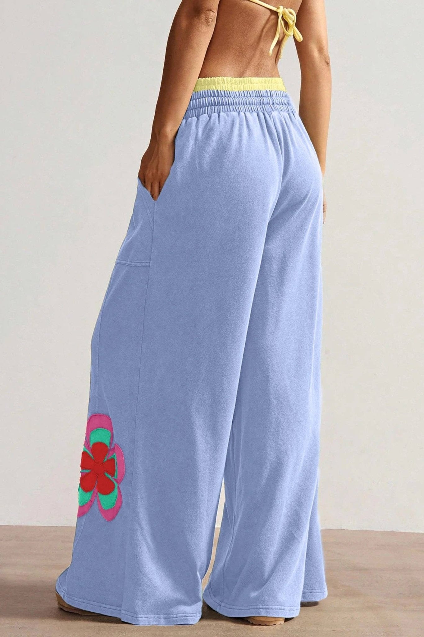 Sky Blue Color Block Flower Patchwork Drawstring Contrasted Elastic Waist Wide Leg Pants - Suburban Boho