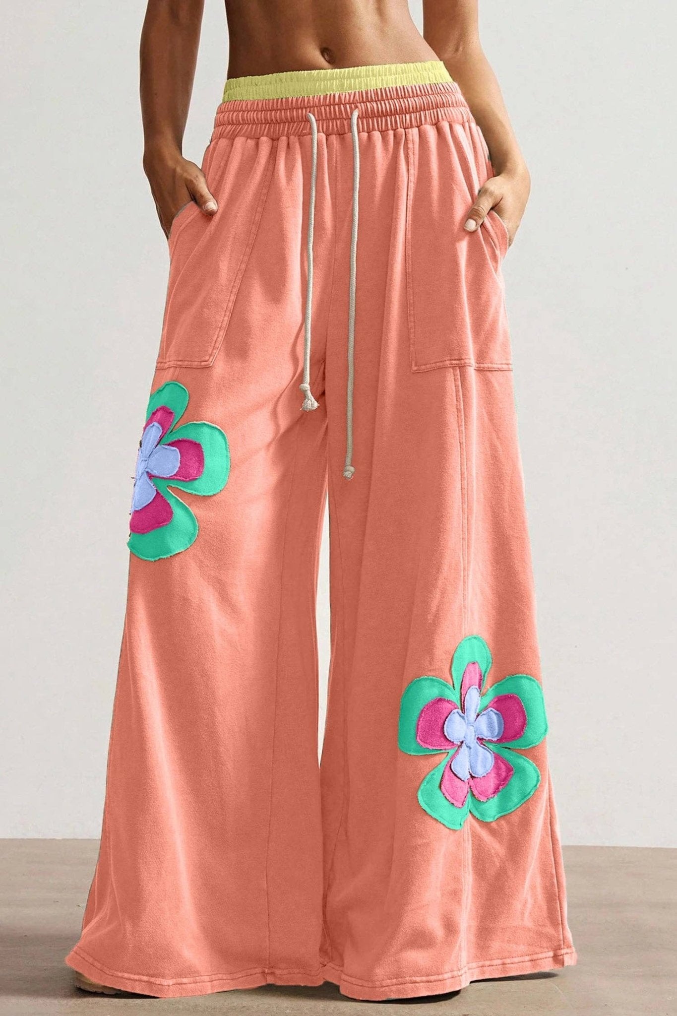 Sky Blue Color Block Flower Patchwork Drawstring Contrasted Elastic Waist Wide Leg Pants - Suburban Boho