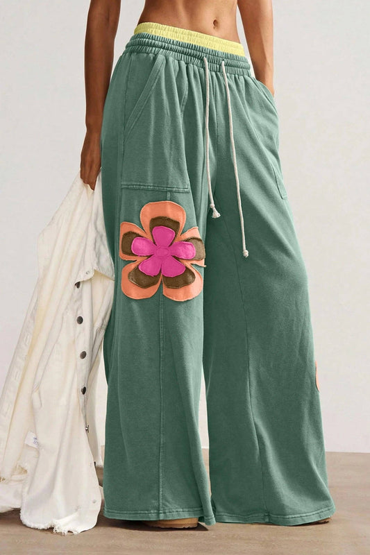 Sky Blue Color Block Flower Patchwork Drawstring Contrasted Elastic Waist Wide Leg Pants - Suburban Boho