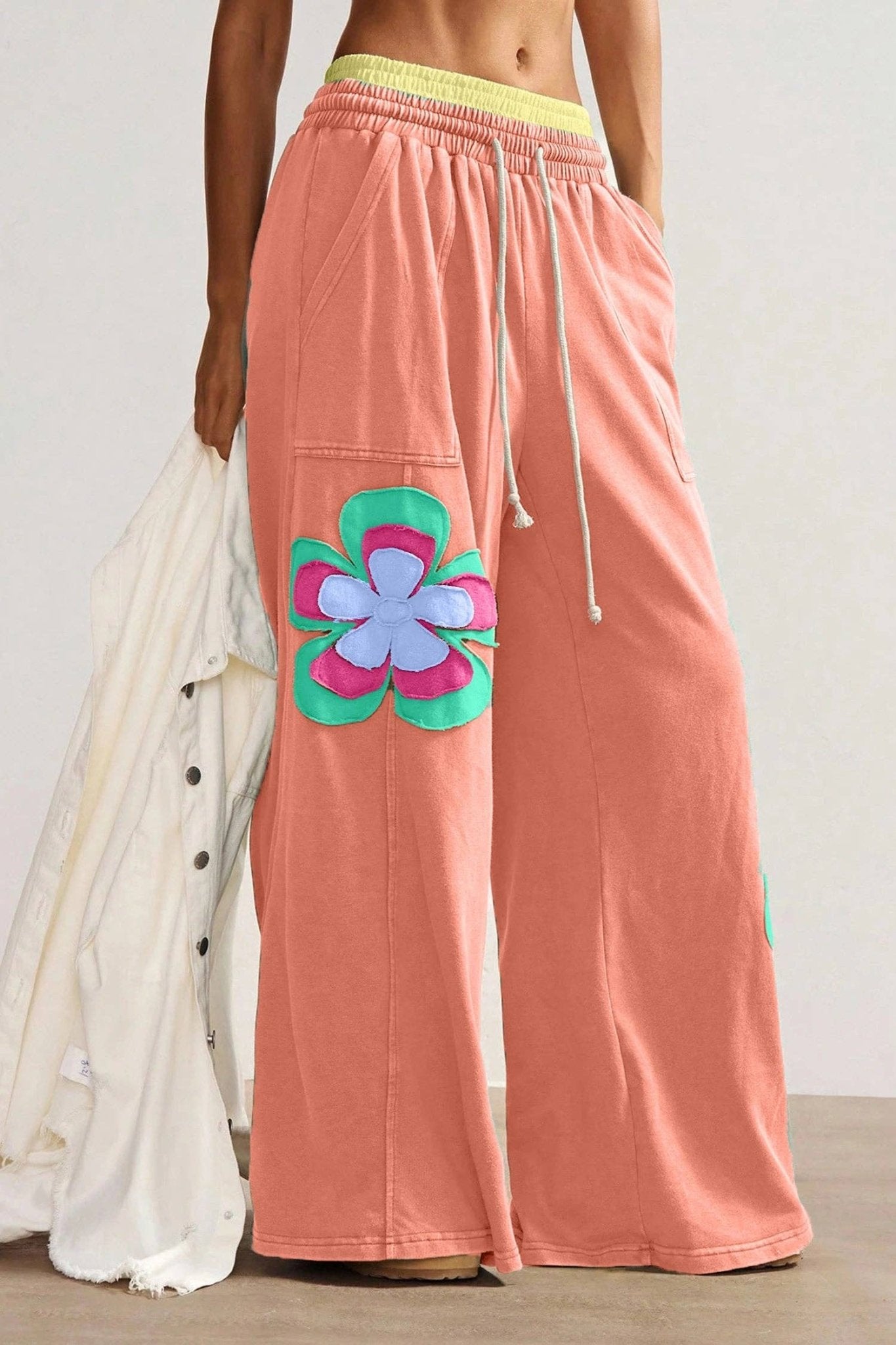 Sky Blue Color Block Flower Patchwork Drawstring Contrasted Elastic Waist Wide Leg Pants - Suburban Boho