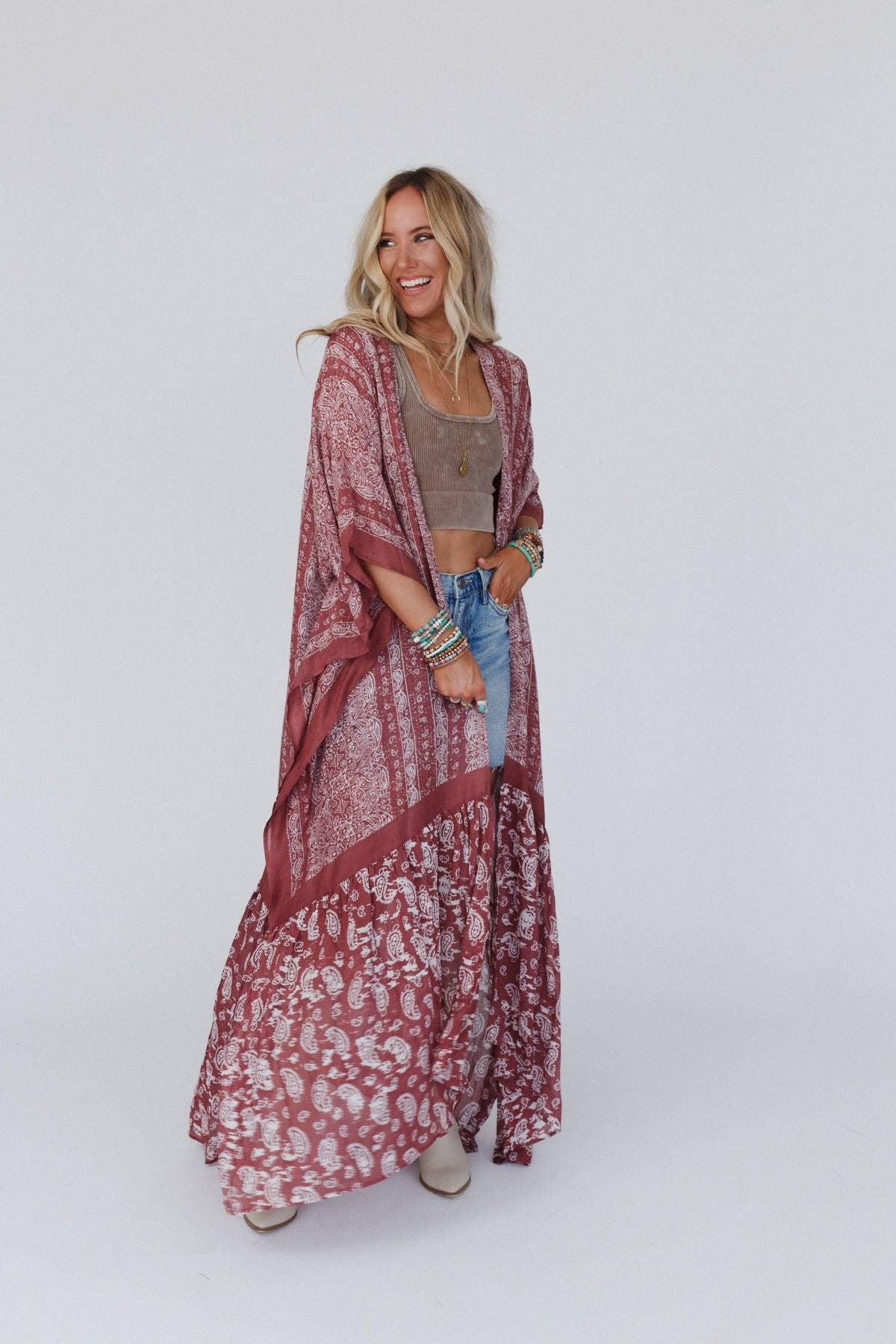 Three Bird Nest Paisley Tapestry Free Flow Duster Kimono - Wine - Suburban Boho
