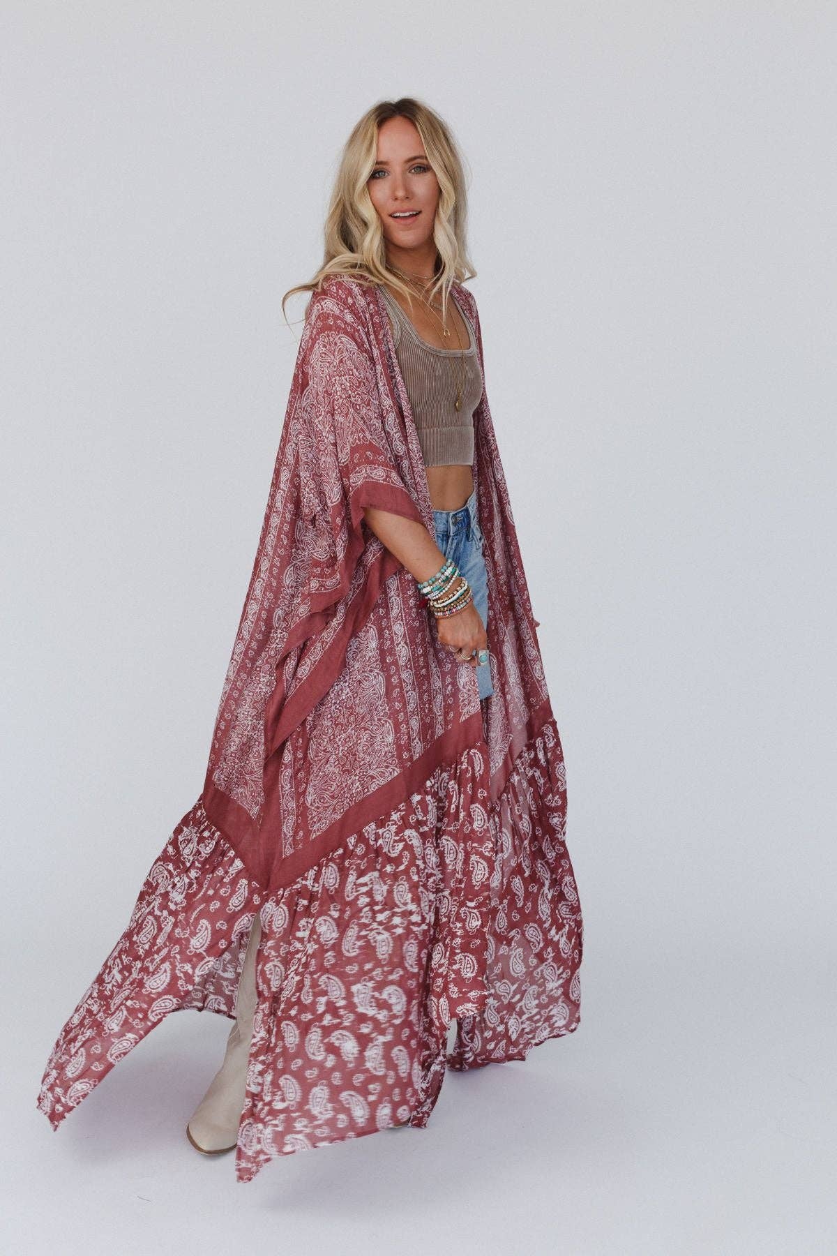 Three Bird Nest Paisley Tapestry Free Flow Duster Kimono - Wine - Suburban Boho